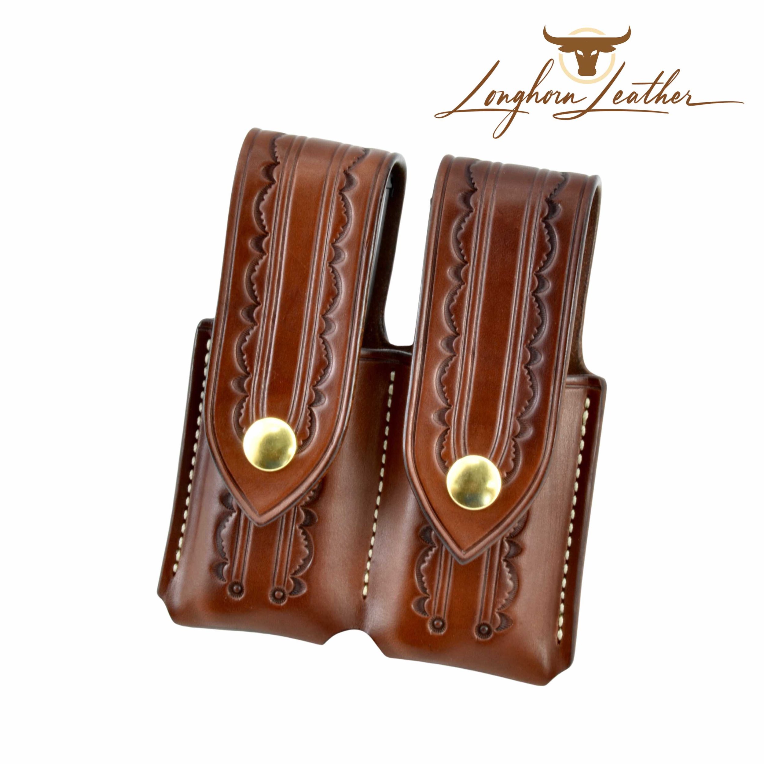 Custom Leather 1911 double magazine carrier featuring the Hand of God design.  Individually handcrafted at Longhorn Leather AZ