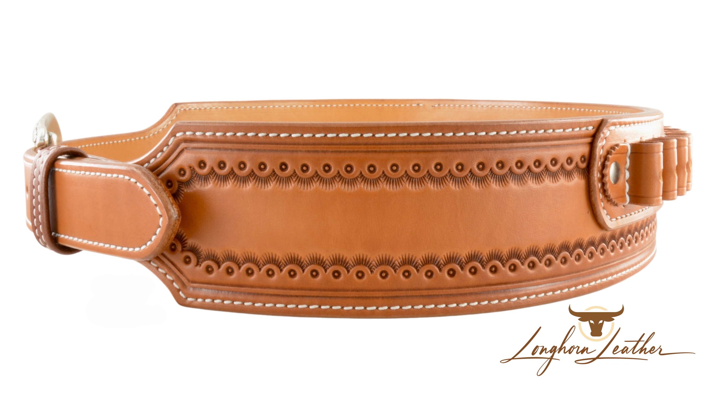 Custom leather western cartridge belt featuring the Cimarron design. Individually handcrafted at Longhorn Leather AZ