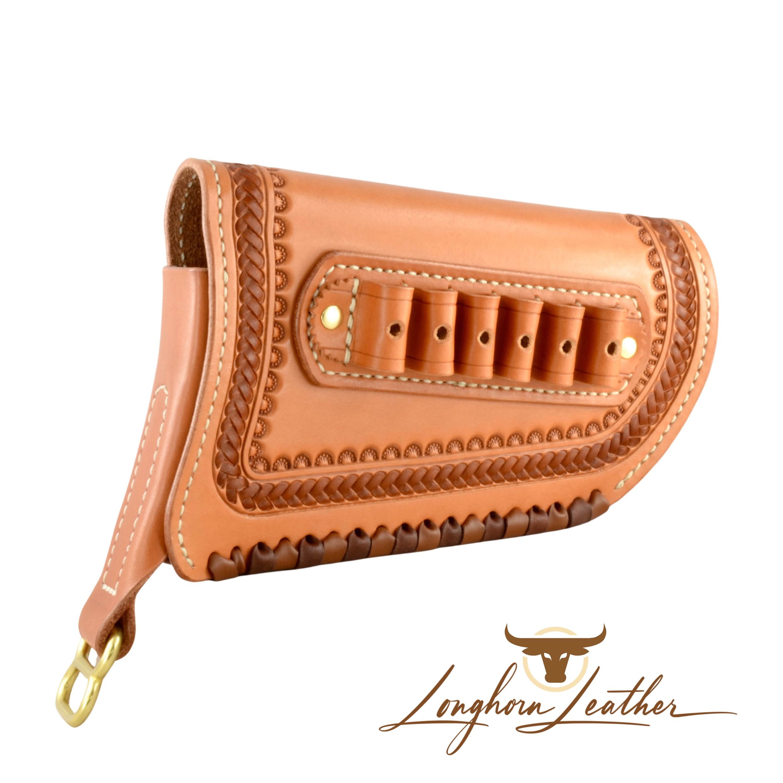 Custom leather gunstock cover featuring the Sedona design. Individually handcrafted at Longhorn Leather AZ