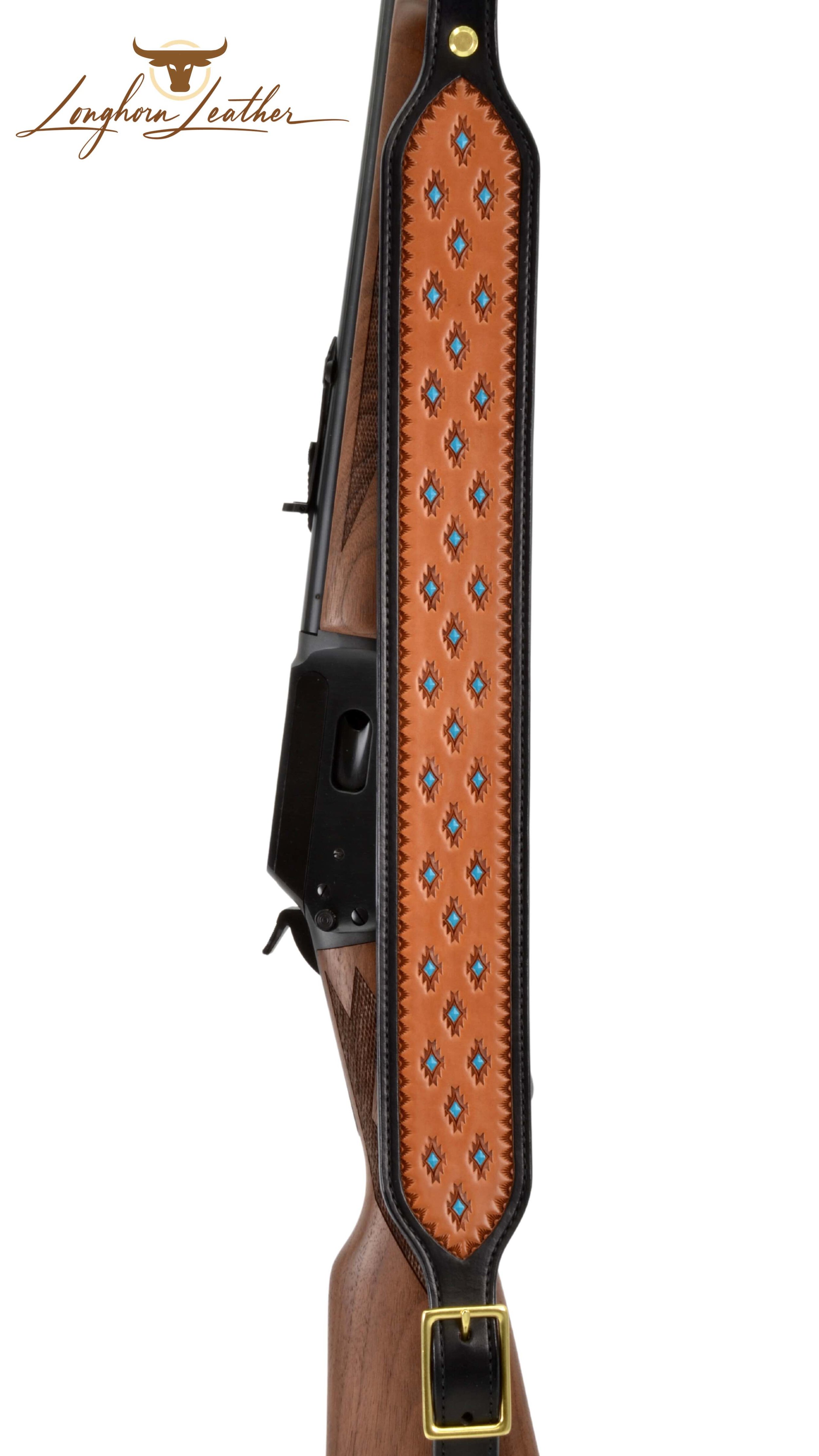 Custom leather rifle sling featuring the Santa Fe design.  Individually handcrafted at Longhorn Leather AZ