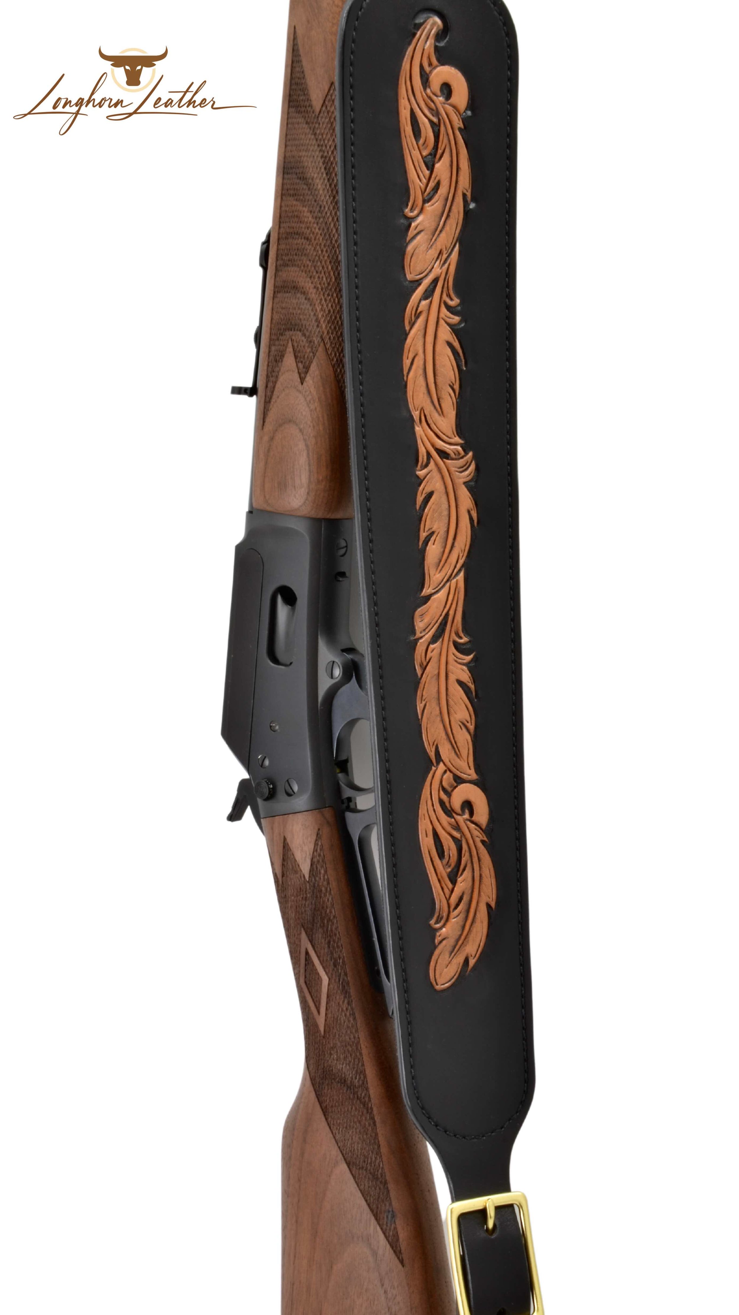 Custom leather rifle sling featuring the Feathers design.  Individually handcrafted at Longhorn Leather AZ