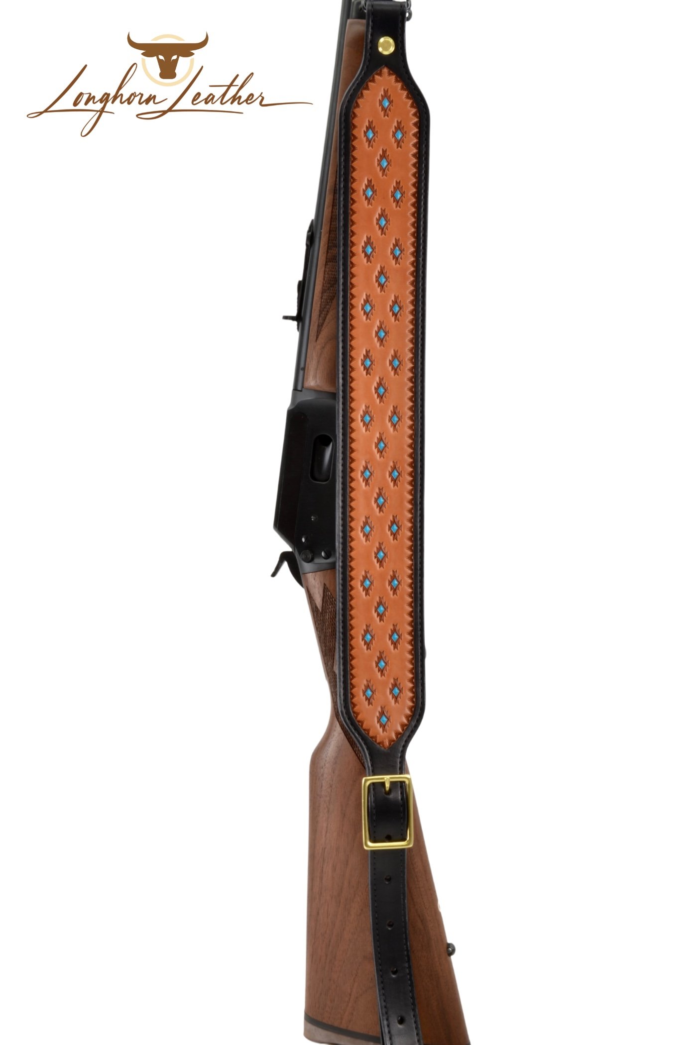 Custom leather rifle sling with Santa Fe design, handcrafted by Longhorn Leather in Scottsdale, Arizona.