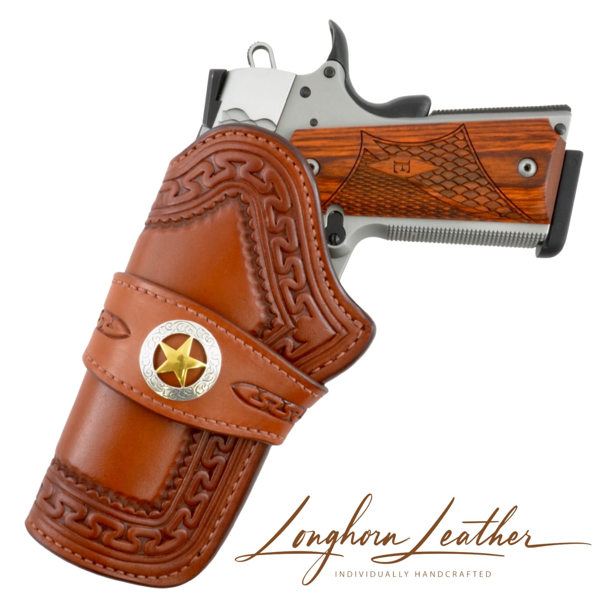 Custom leather 1911 holster with Yuma design – expertly handcrafted in Scottsdale, Arizona by Longhorn Leather AZ.