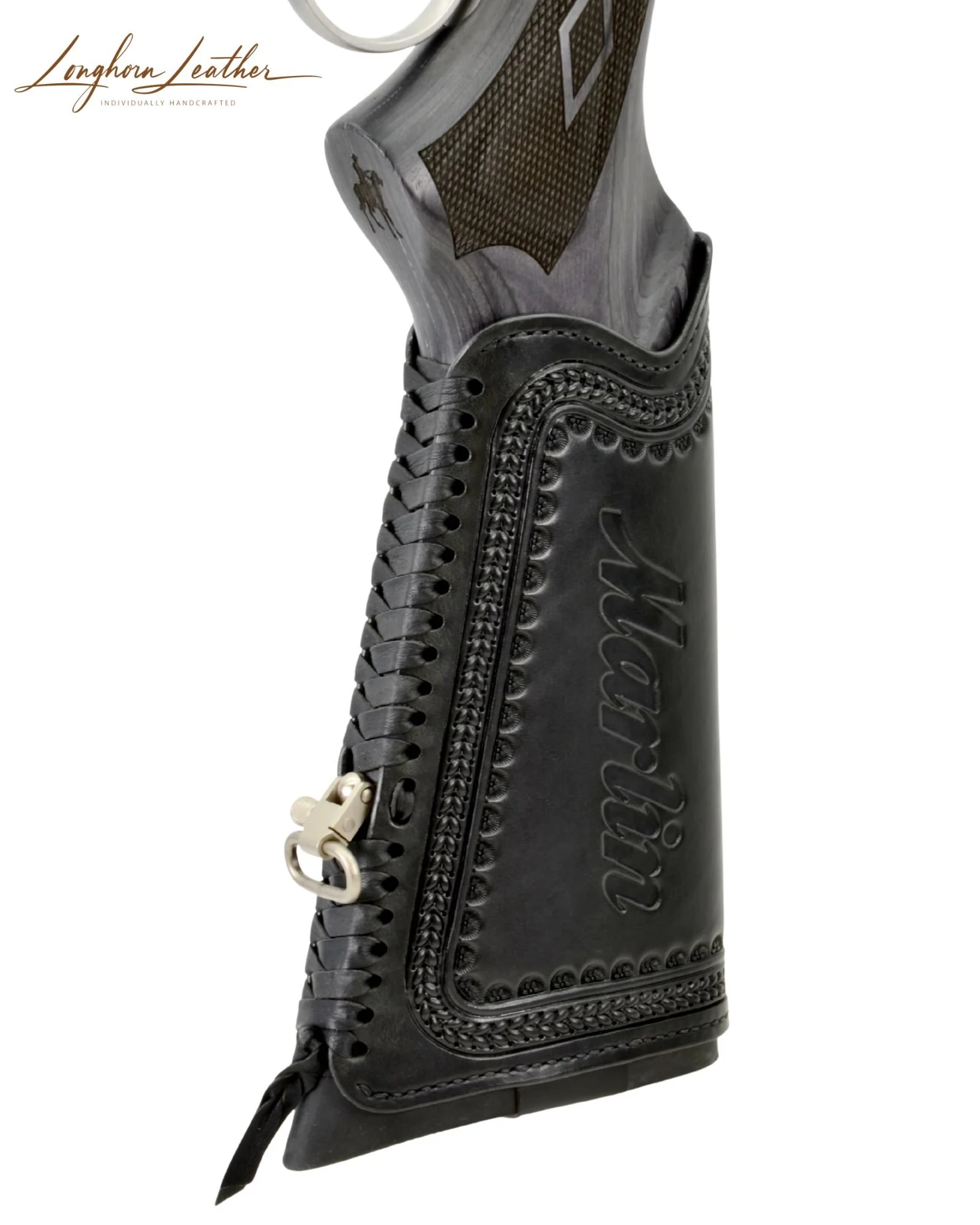 Custom leather gunstock cover with Bisbee design – Meticulously handcrafted in Scottsdale, Arizona by Longhorn Leather AZ