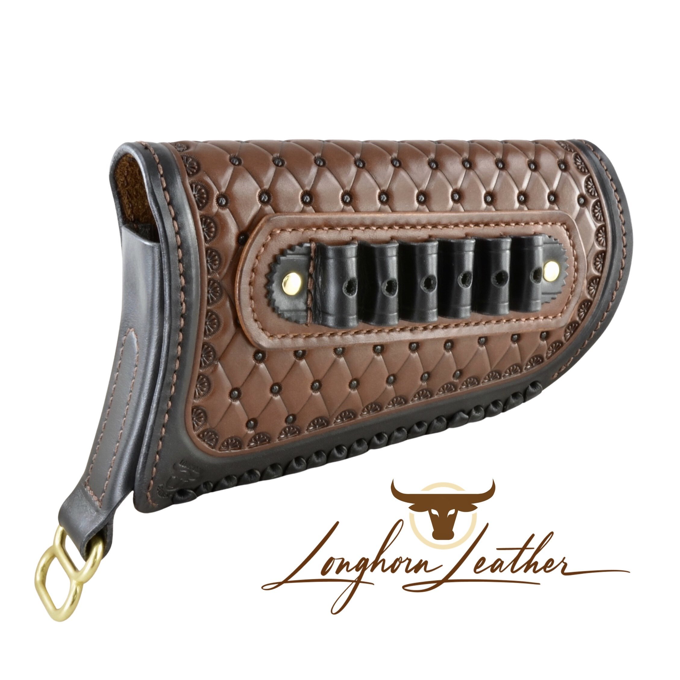 Custom leather gunstock cover featuring the San Carlos design.  Individually handcrafted at Longhorn Leather AZ