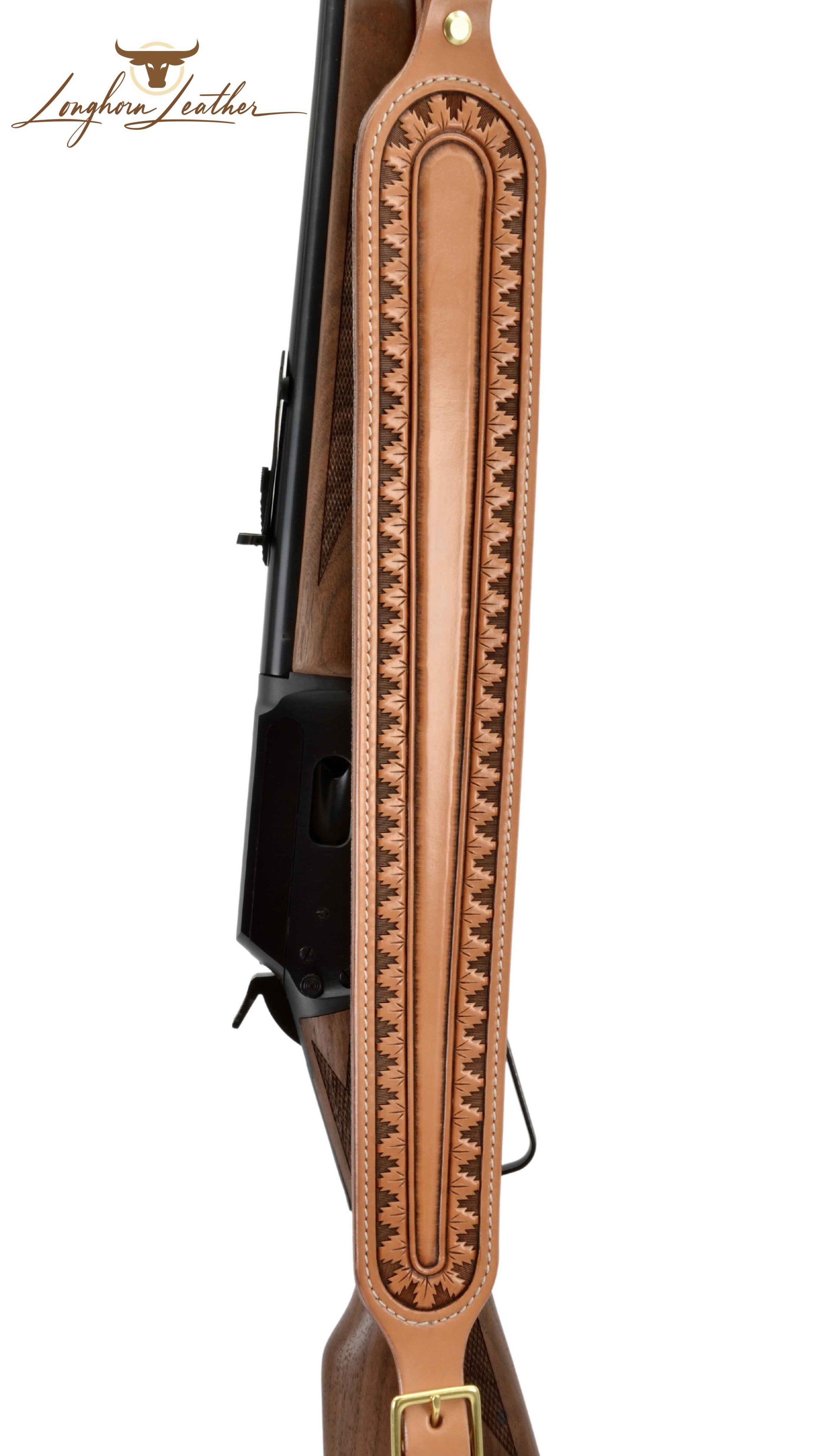 Custom leather rifle sling featuring the Santa Cruz design.  Individually handcrafted at Longhorn Leather AZ
