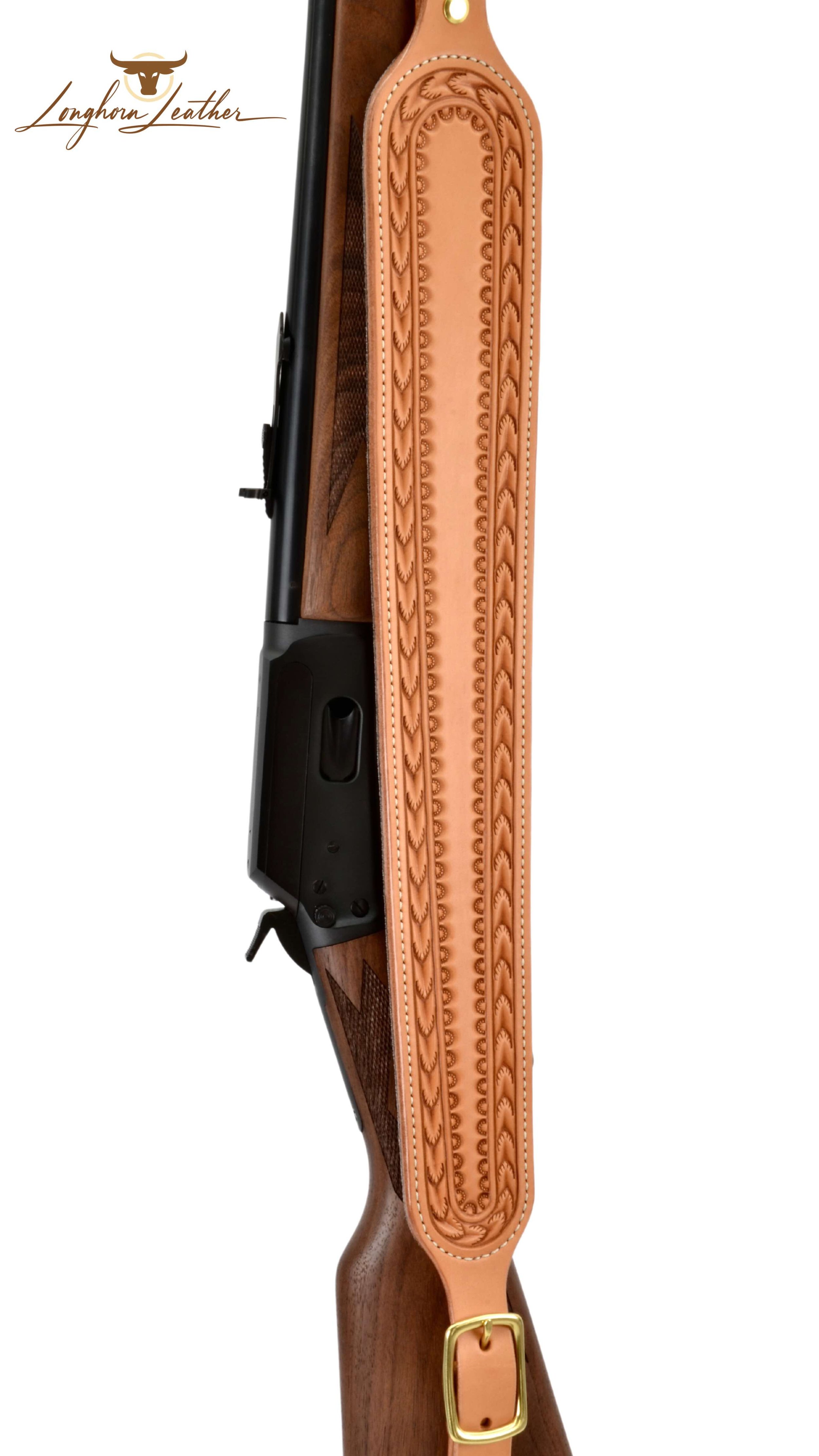 Custom leather rifle sling featuring the Nogales design.  Individually handcrafted at Longhorn Leather AZ