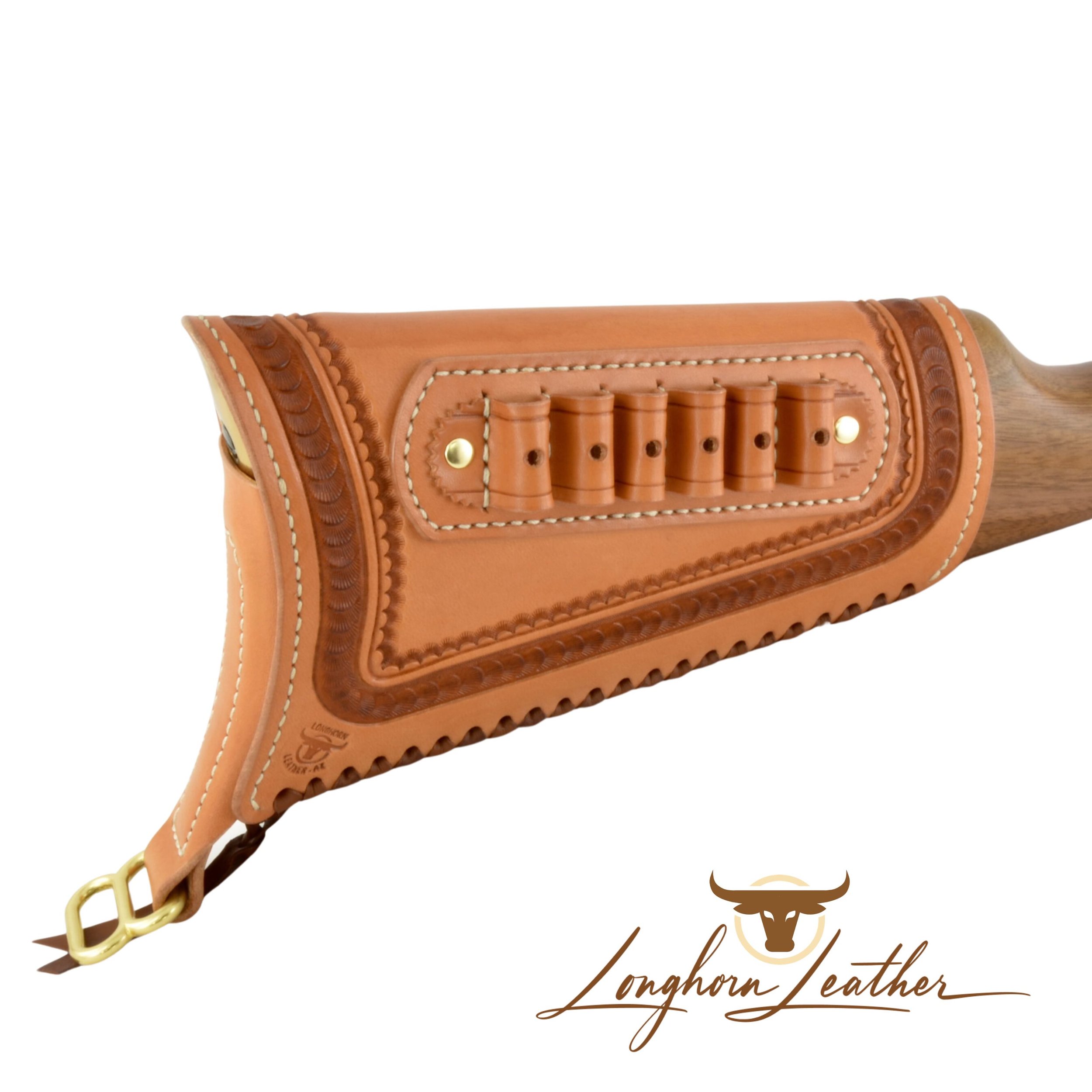 Custom leather gunstock cover featuring the Tucson design. Individually handcrafted at Longhorn Leather AZ.jpg