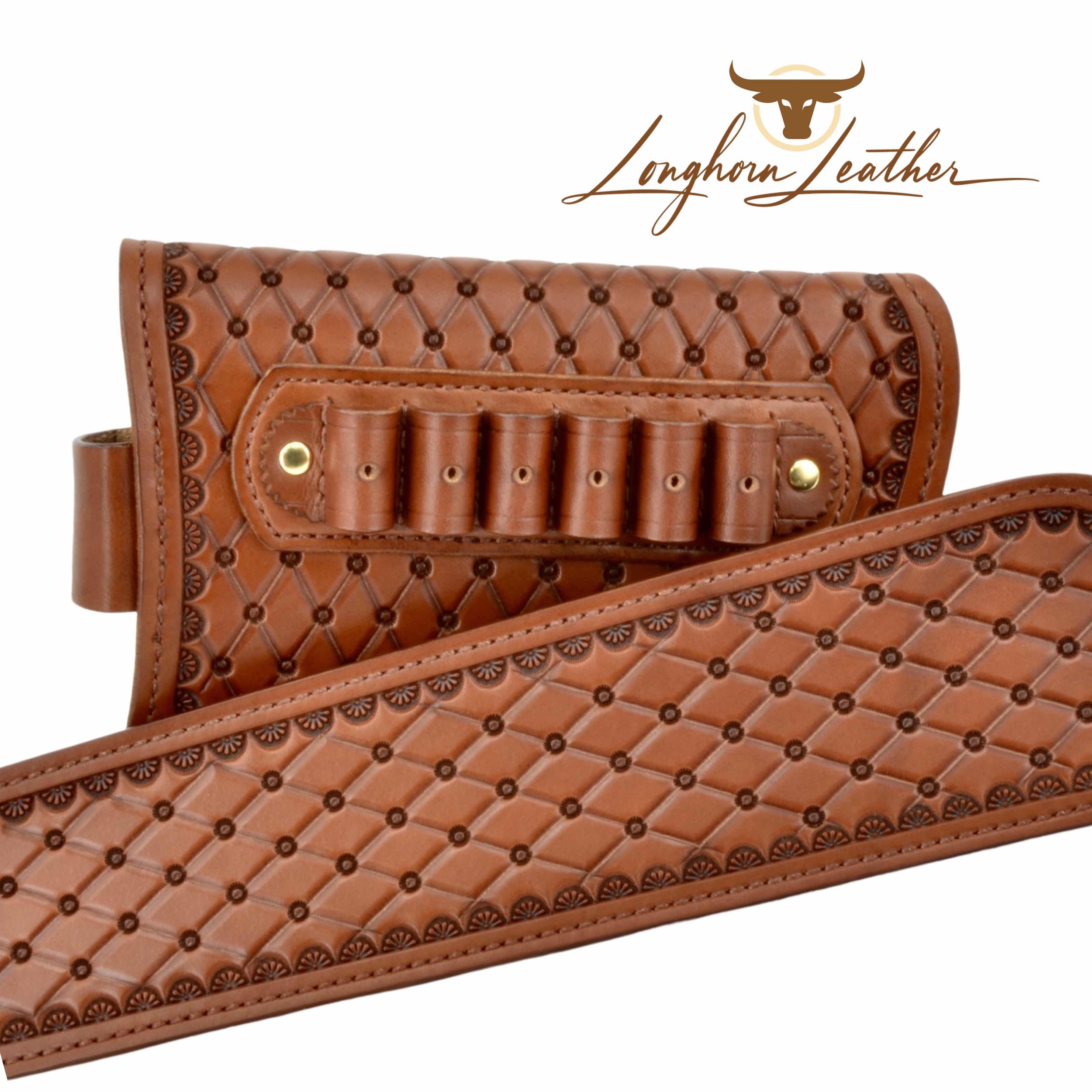 Custom leather gunstock cover and rifle sling featuring the San Carlos design. Individually handcrafted at Longhorn Leather AZ