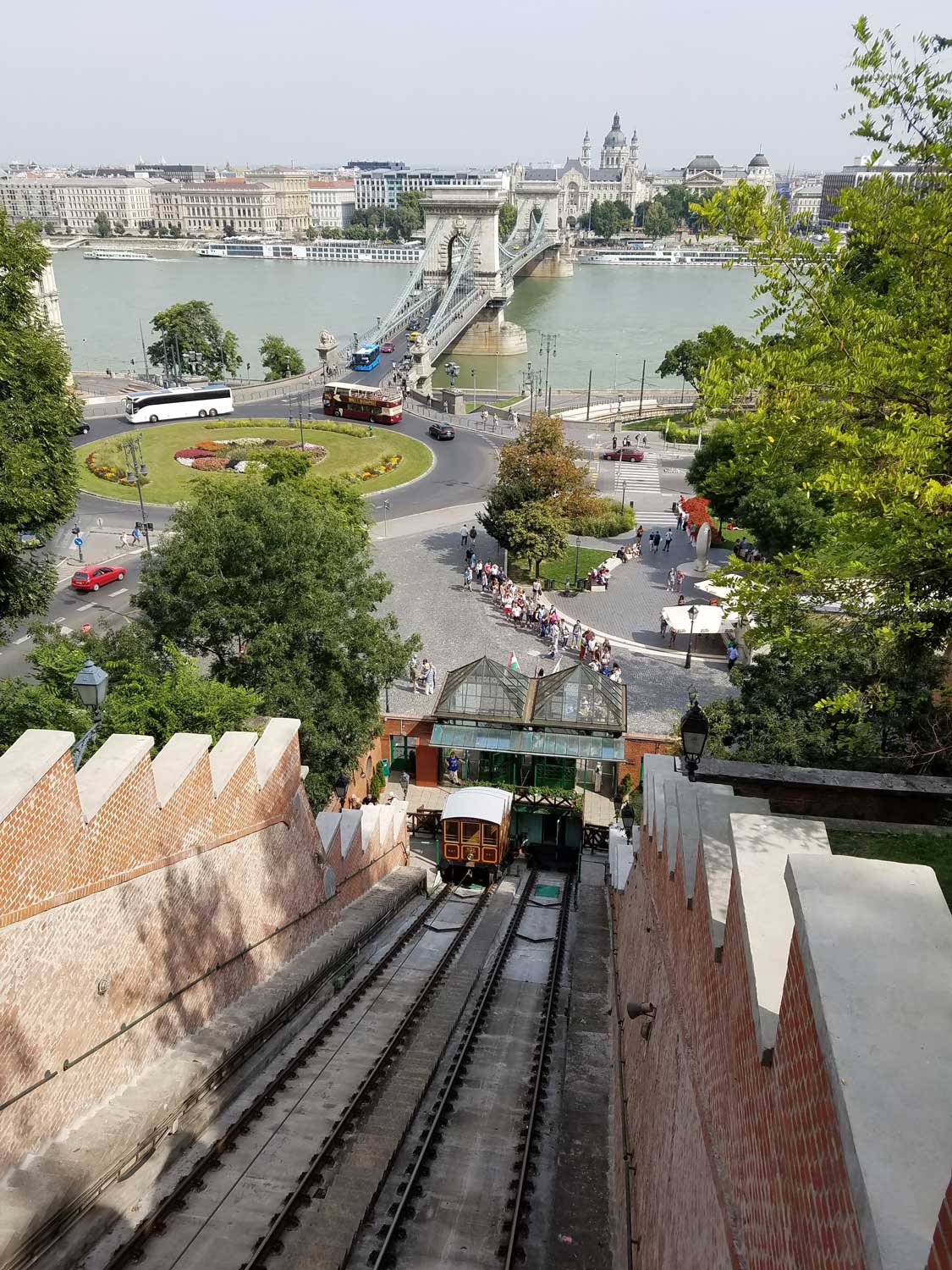 A classic Budapest vista — the famous Castle Hill Funicular and Chain Bridge beyond. The Funicular, built in the 1800s, slowly carries passengers from the square below up to the top of Castle Hill.