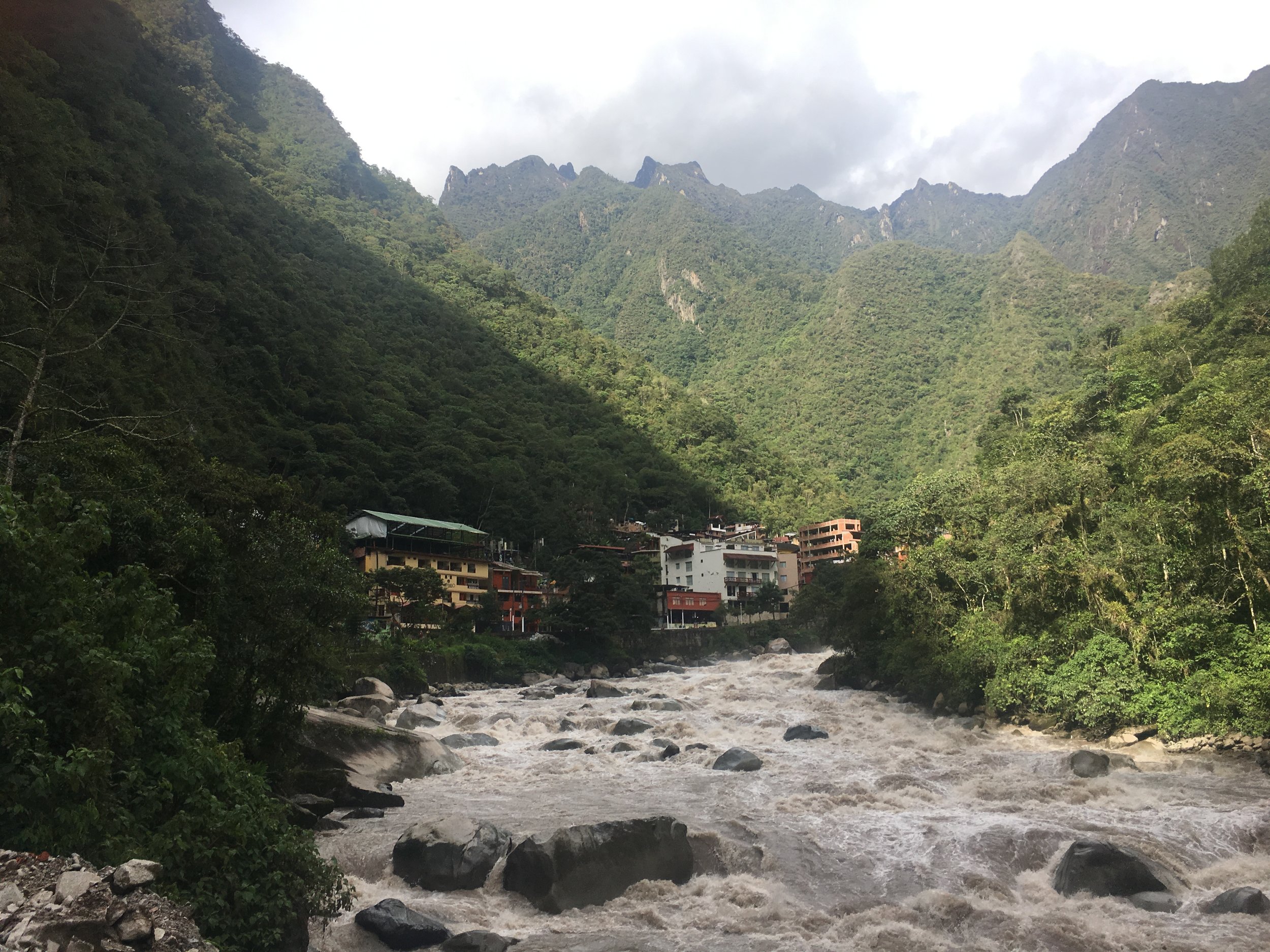 Aguas Calientes, aka Machu Picchu Pueblo - nestled in the Andes Mountains along the Urubamba River.