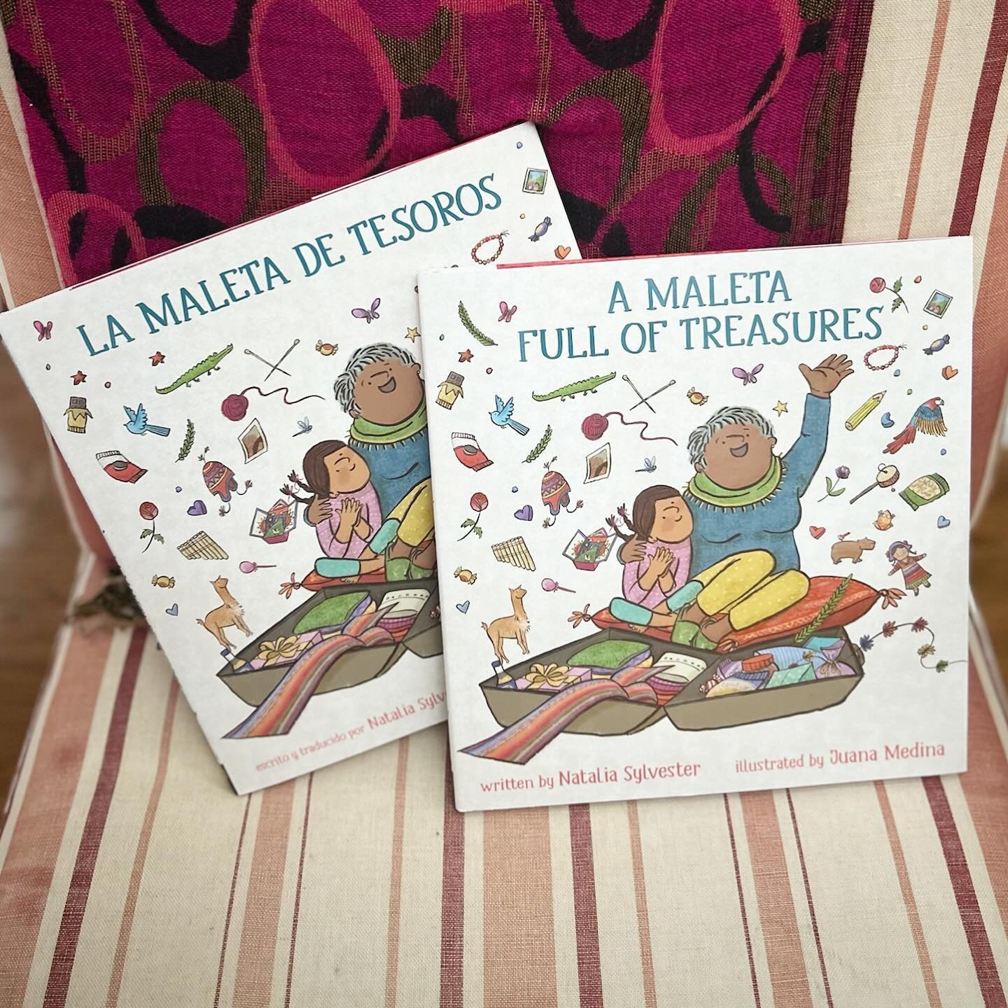 Book birthdays are special days! Even more so when a book is released in two languages. We&rsquo;re thrilled to see A MALETA FULL OF TREASURES by @nataliasylv and illustrated by @juana_medina on sale today in both English and Spanish. 

This beautifu