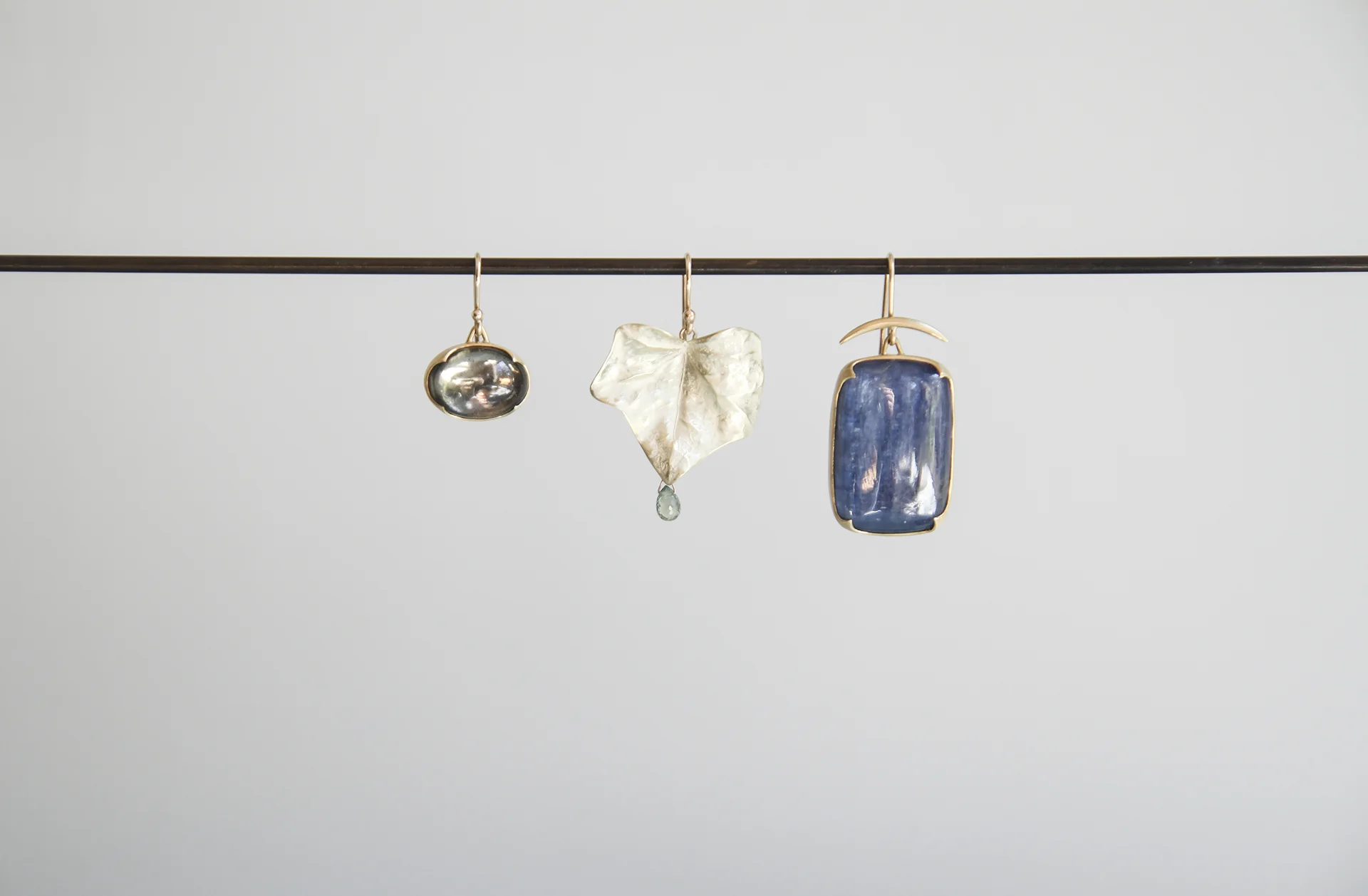 Quartz over Hematite Earring, 14ky Gold Leaf Earring with Sapphire Drop, Kyanite Rectangular Cabochon Earring