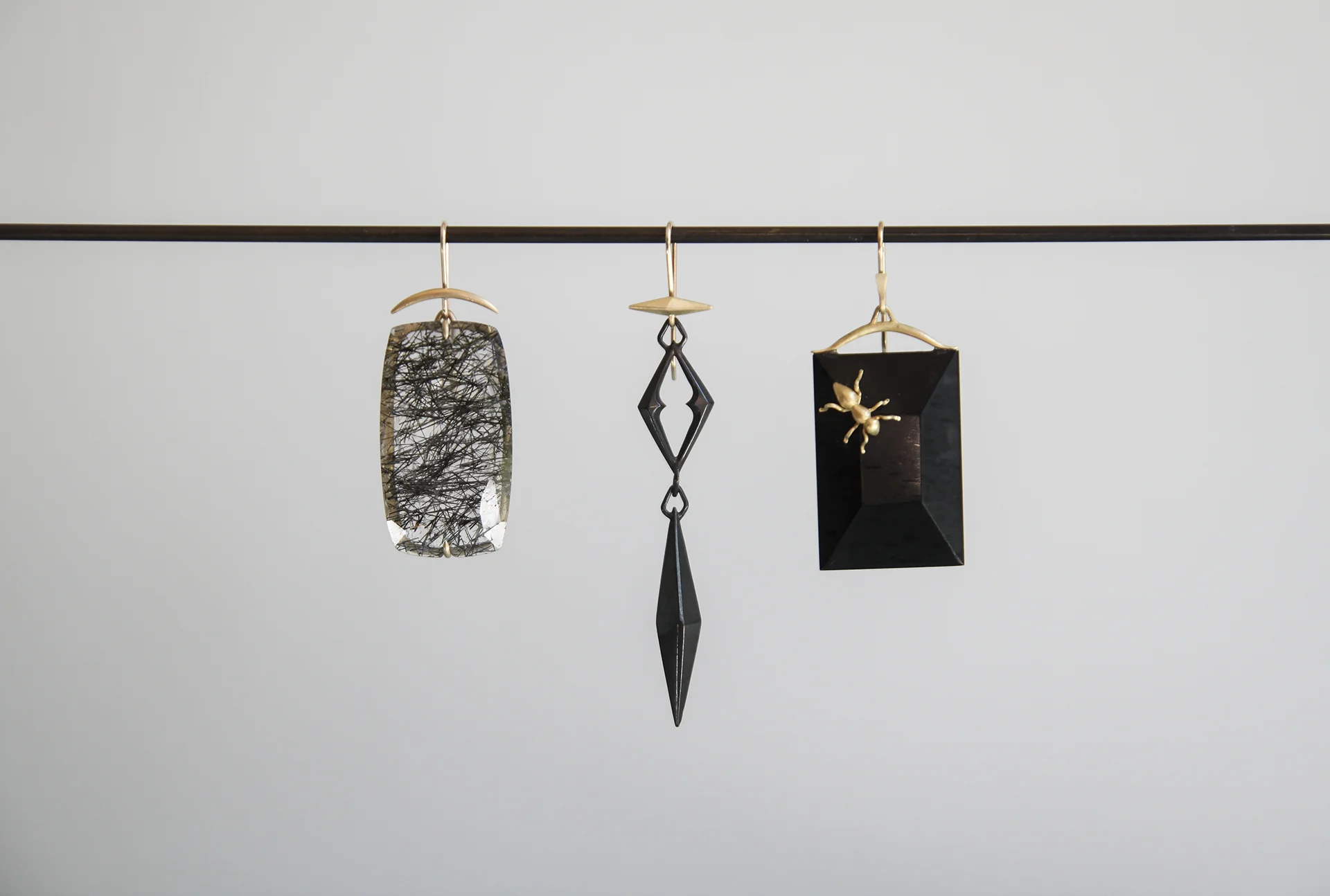 Black Rutilated Quartz Earring, Oxidized Bronze Chiseled Link Earring, Jet Earring with 18ky Gold Ant