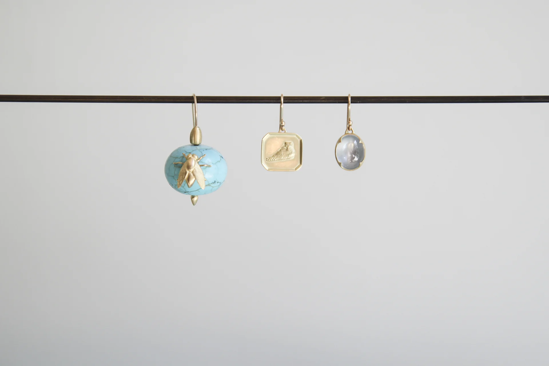 Turquoise Earring with Gold Fly, 18ky Roman Sandal Earring, Moonstone Cabochon Earring