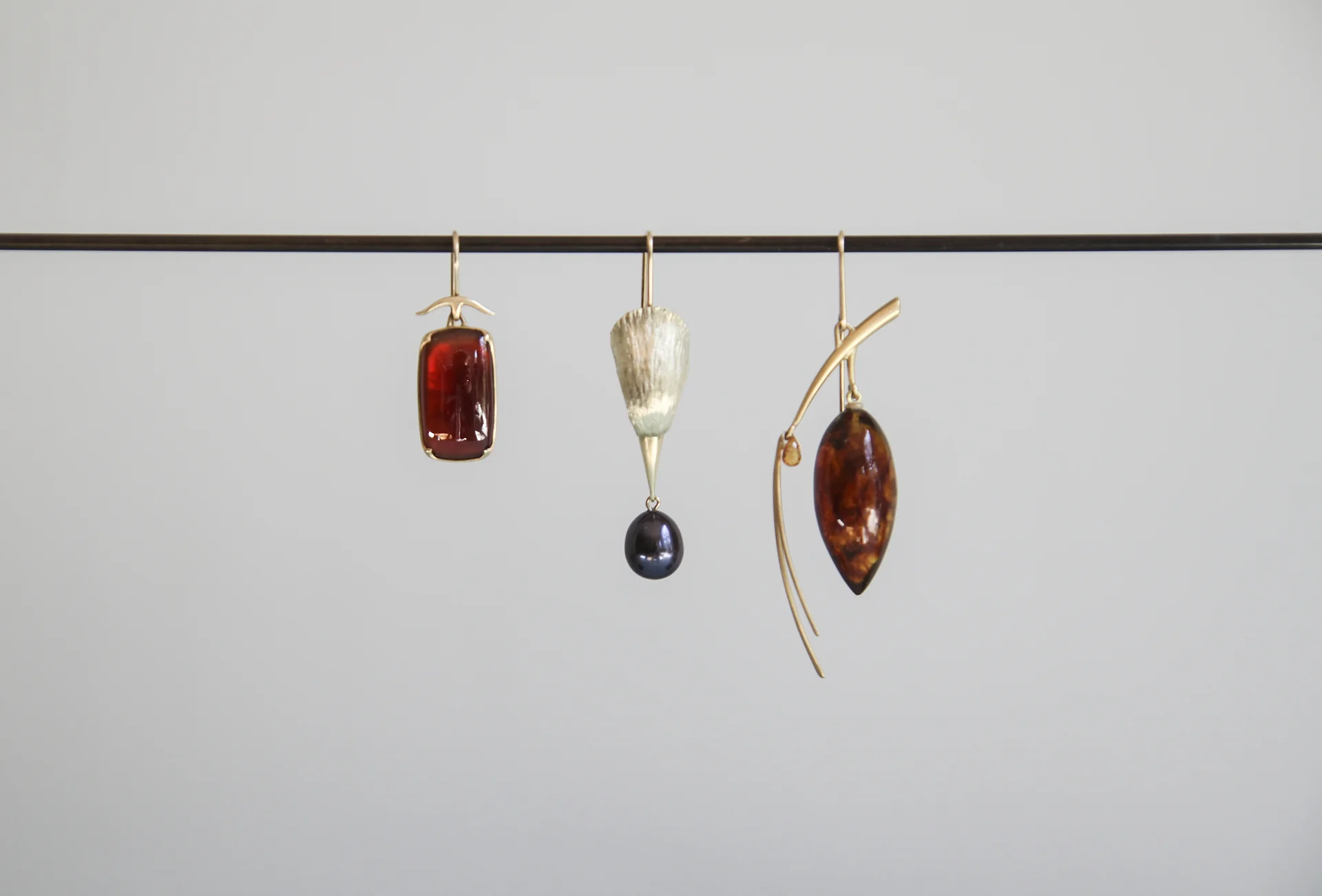 Garnet Rectangular Cabochon Earring, 14k Gold Bird Head Earring with Black Pearl Egg, Amber Pinecone Earring