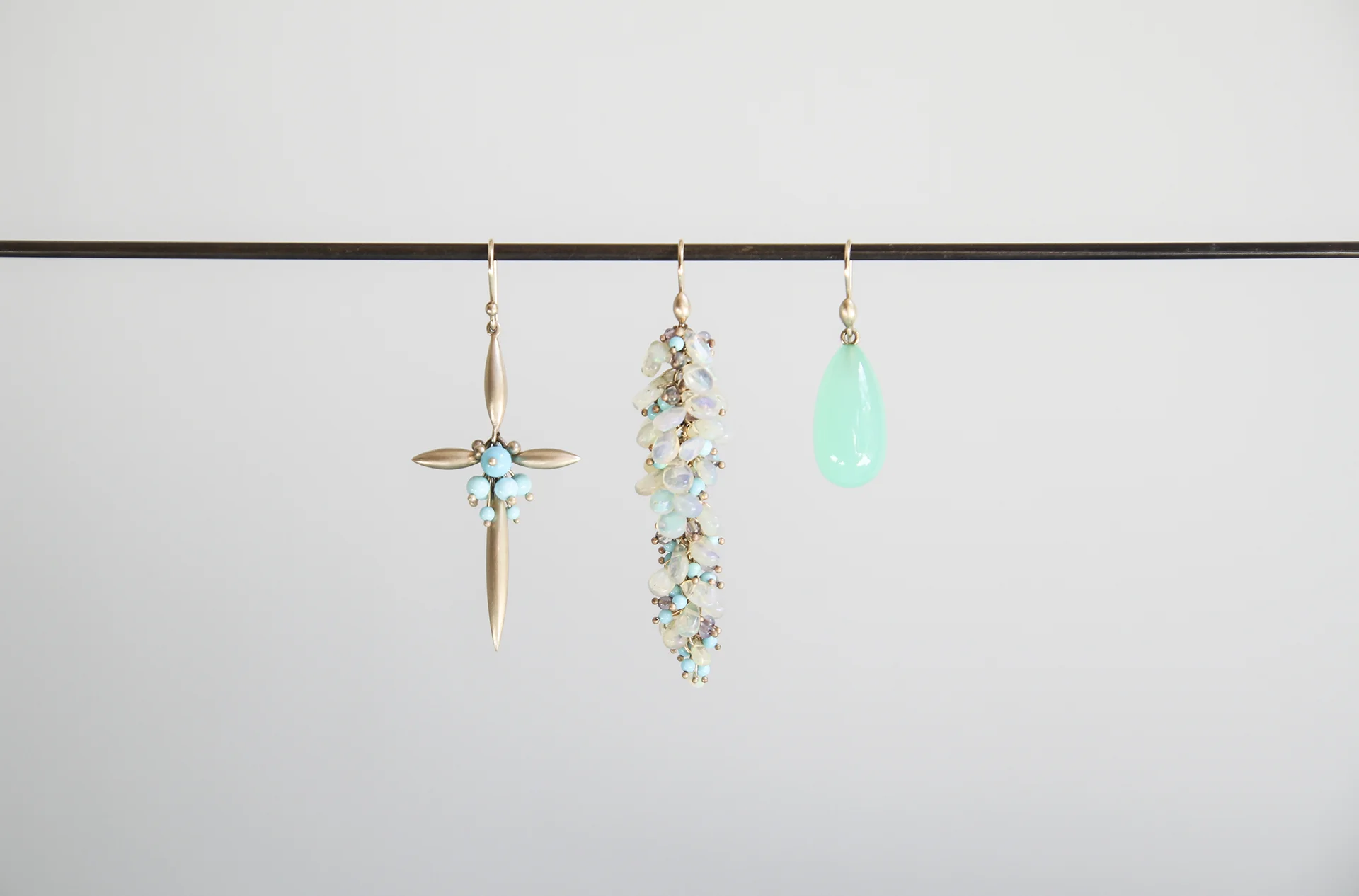 10ky Gold New Cross Earring with Sleeping Beauty Turquoise, Ethiopian Opal, Labradorite and Sleeping Beauty Turquoise Pussywillow Earrings, Handcut Chrysophrase Earrings.
