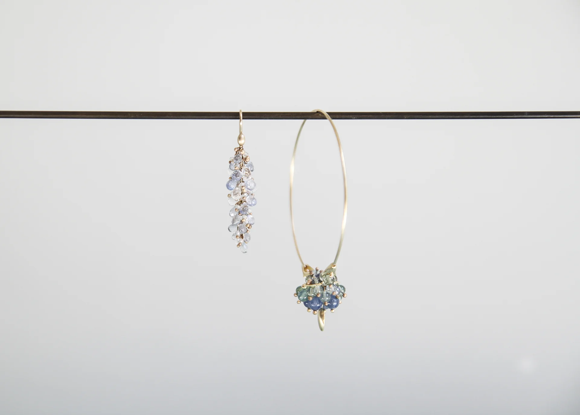 Blue Sapphire and Keshi Pearl Pussywillow Earrings, Medium 18ky Gold Hoop Cluster Earrings with Kyanite, Blue Sapphires, and Aquamarine