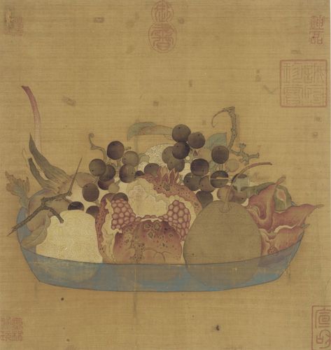 Ming Dynasty Silk Painting of Fruit in Blue Bowl, 27 cm h, 14th-17th c.