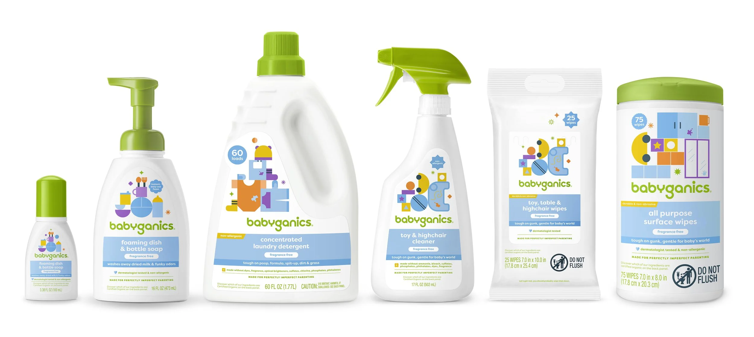  Label designs and illustrations for Babyganics’ line of home care products. 