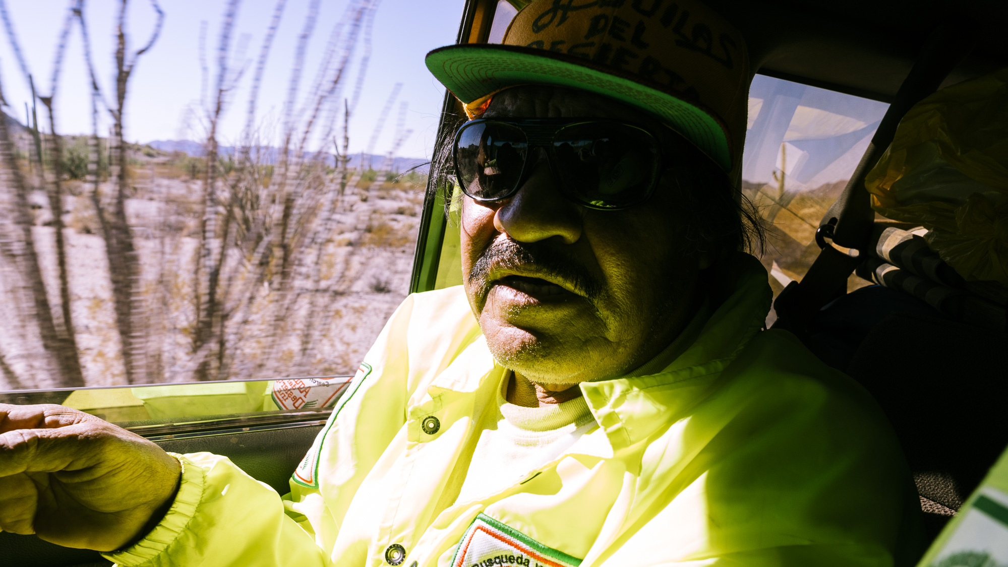  IMAGE CAPTION:  Eli Leon, a Mexican construction worker who lives in Reseda, California on the way to the Sonoran Desert with Aguilas Del Desierto, an immigrant to migrant search and rescue organization. They search on weekends for deceased and lost