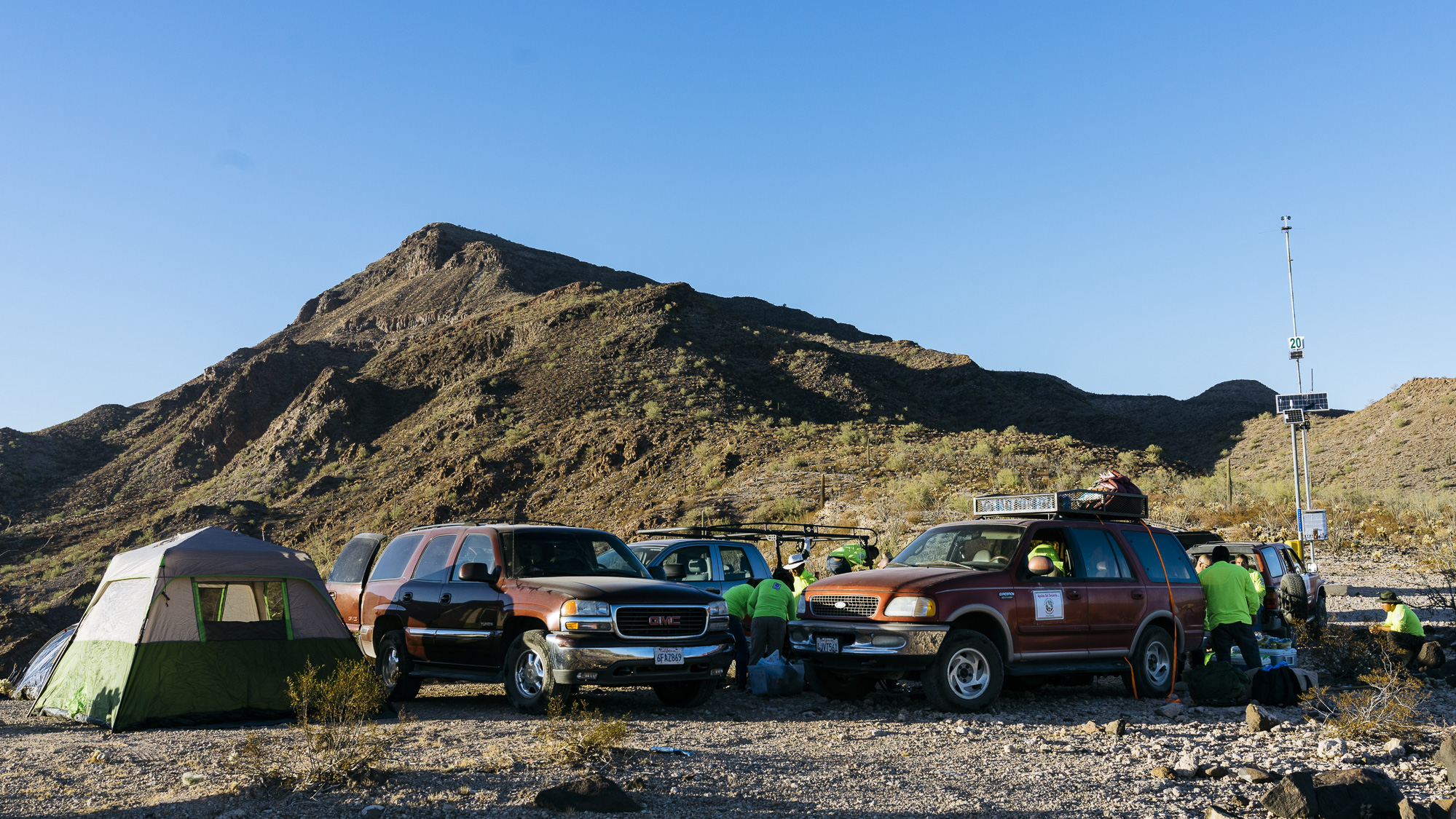  IMAGE CAPTION:  Aguilas Del Desierto camp setup at the end of Charlie Bell Road in the Cabeza Prieta National Wildlife Refuge. The Refuge ecompasses nearly 860,000 acres of desert.    