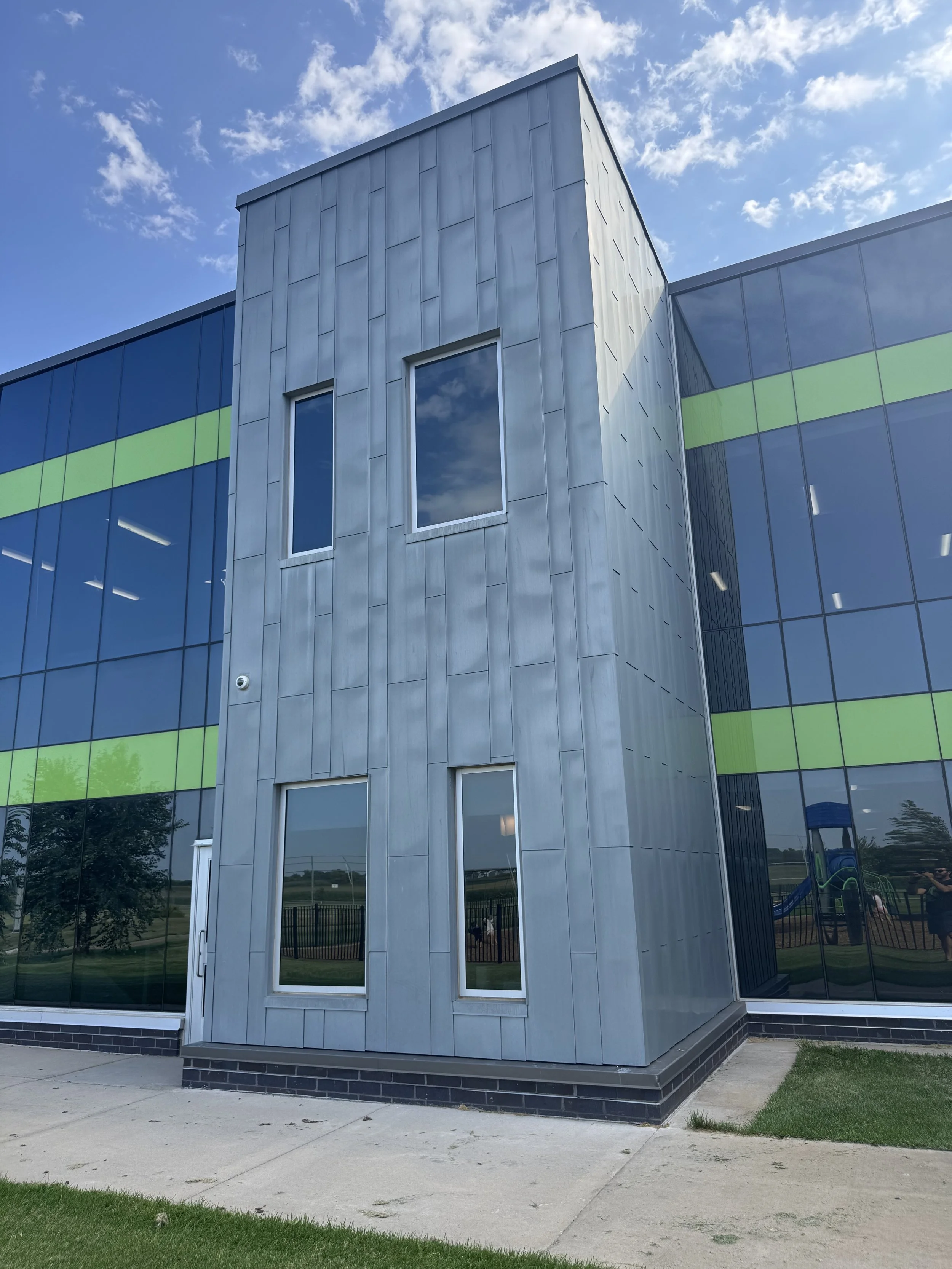 Zinc flat lock panels installed at Prairie View Elementary School in Otsego, MN.