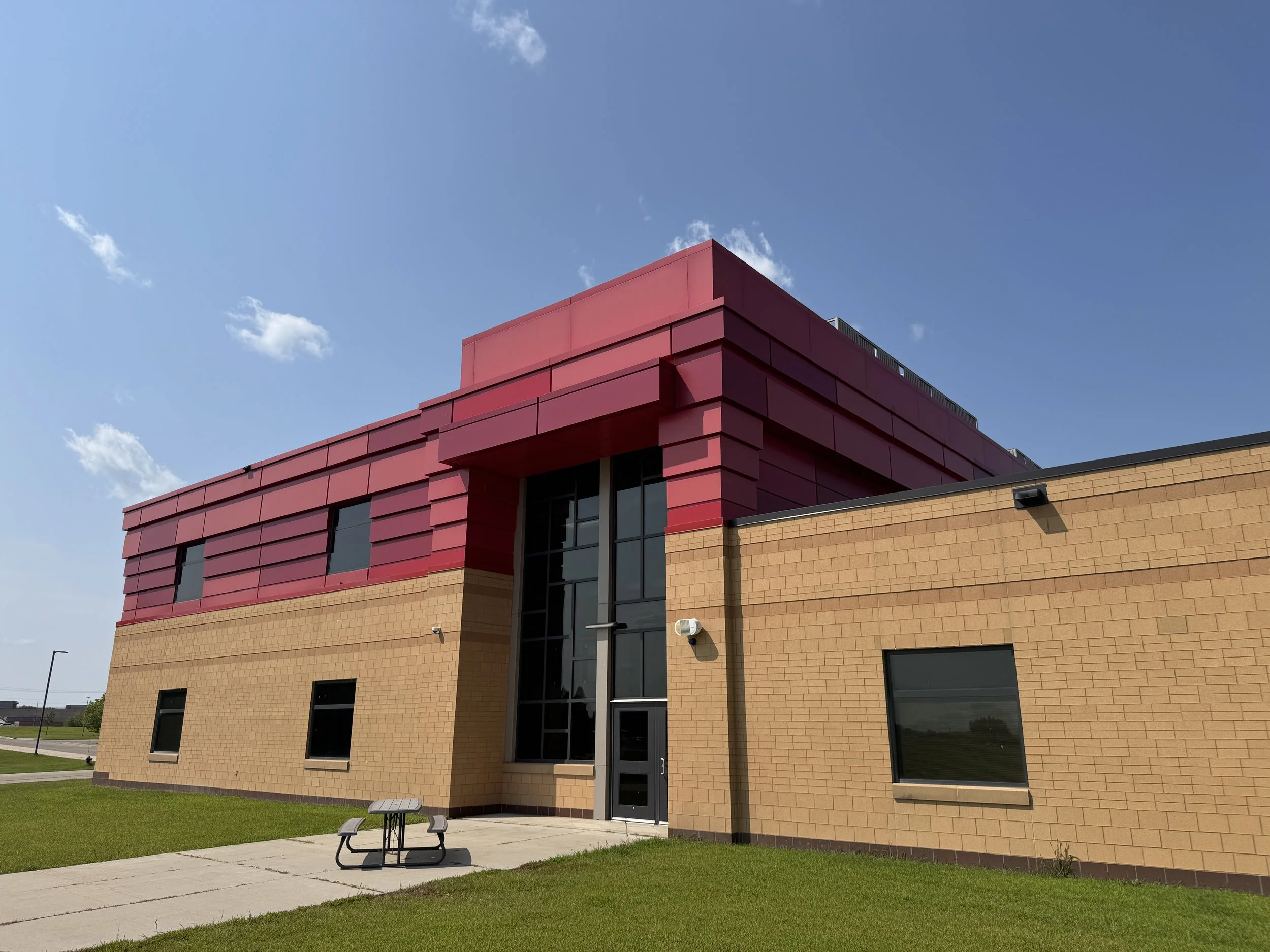 Architectural single skin and aluminum composite panels installed at Lakeland Elementary School in Willmar, MN. 
