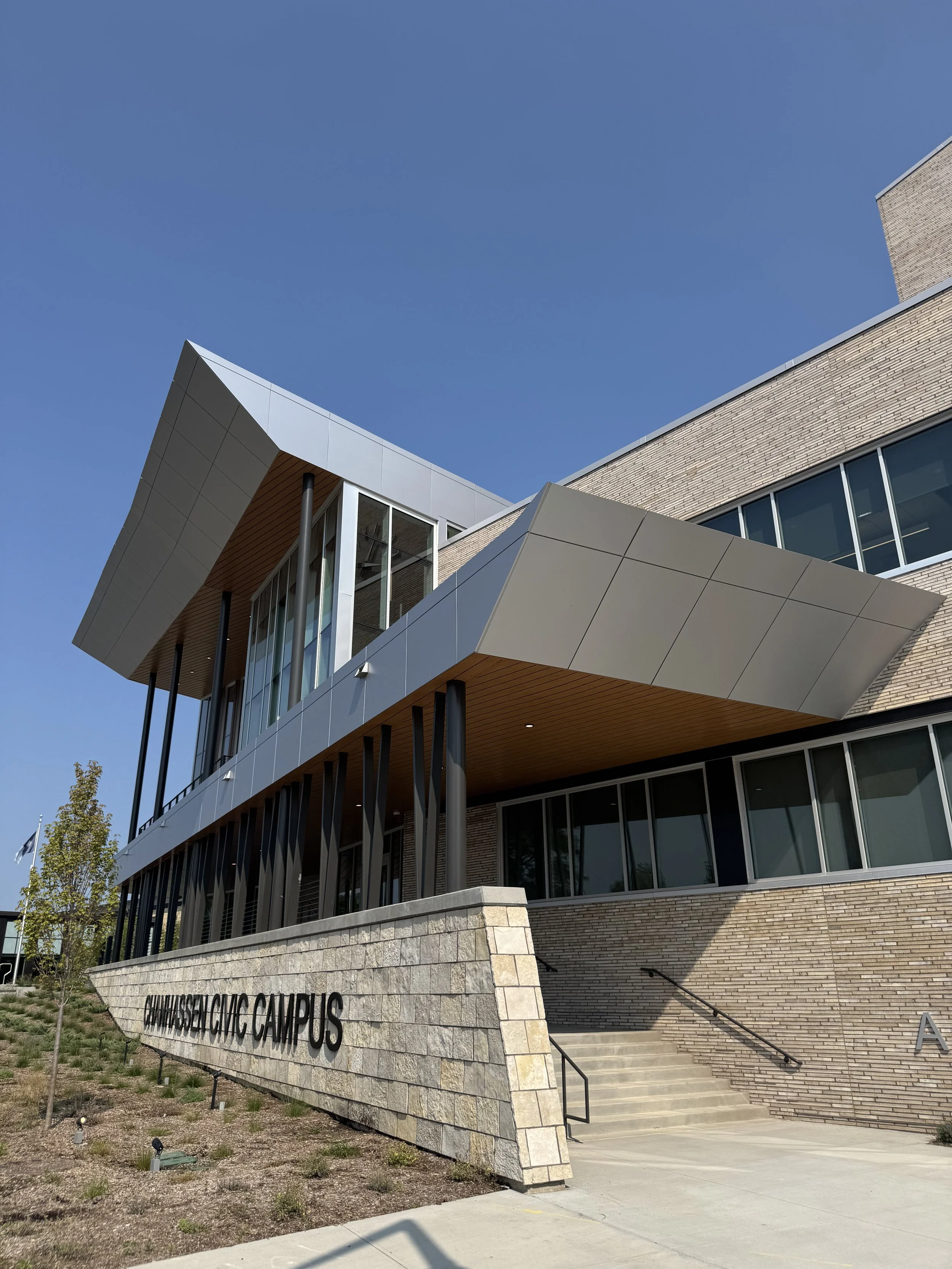 Aluminum composite and architectural single skin panels installed at the Chanhassen Civic Campus in Chanhassen, MN.