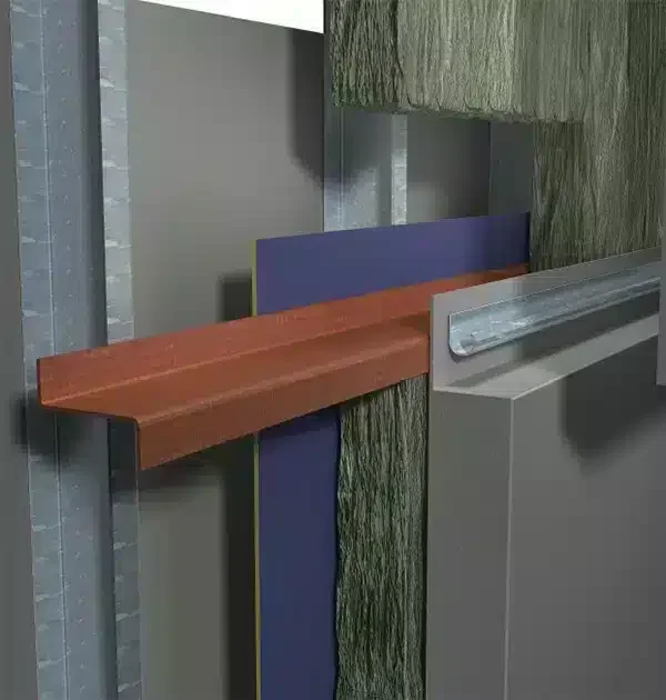 Close-up of a construction wall showing various color and material samples, including wood, metal, and textured surfaces.