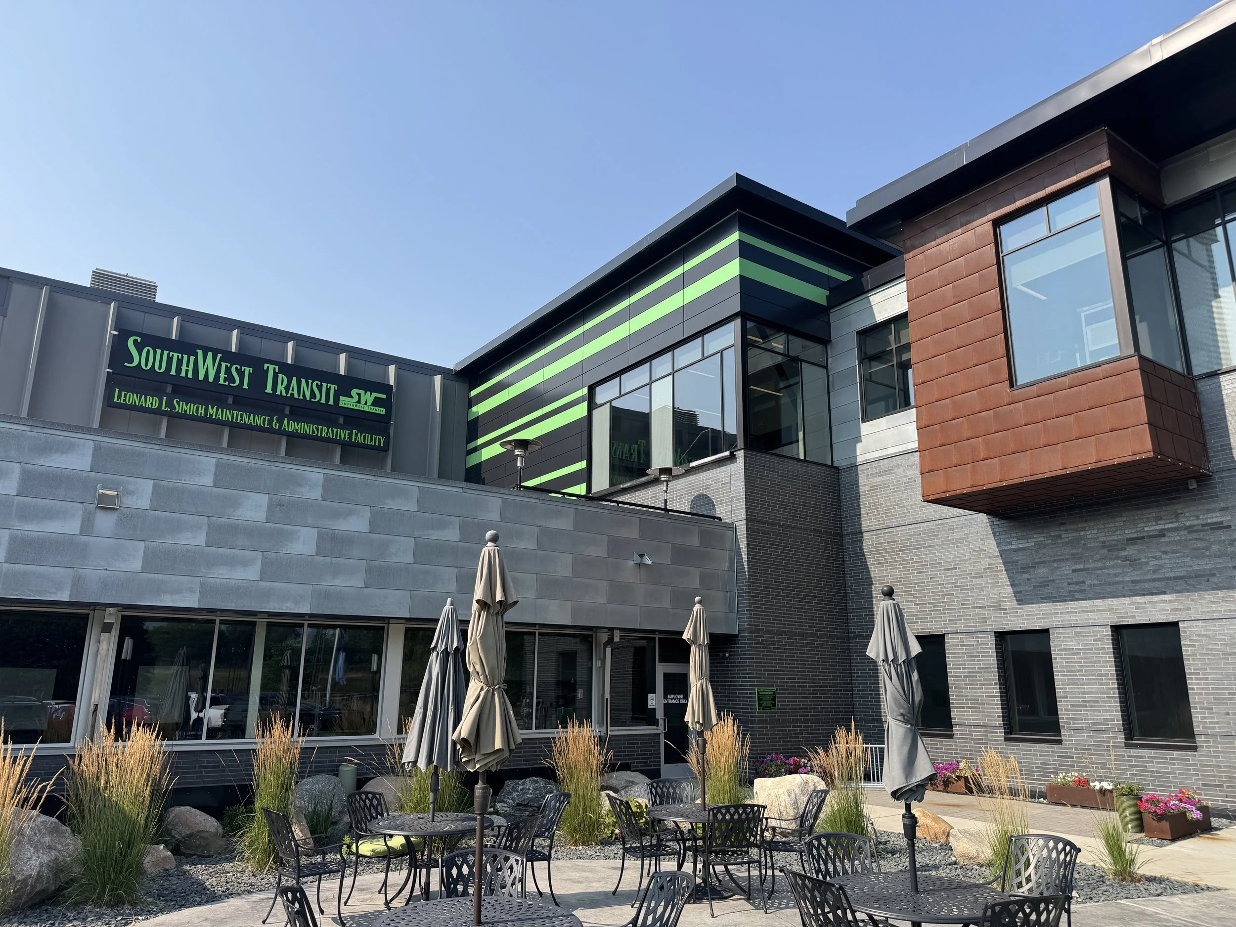 Zinc & Weathered Steel Flat Lock and aluminum plate panels installed at the SW Transit Leonard L Simich Maintenance & Administrative Facility in Eden Prairie, MN.