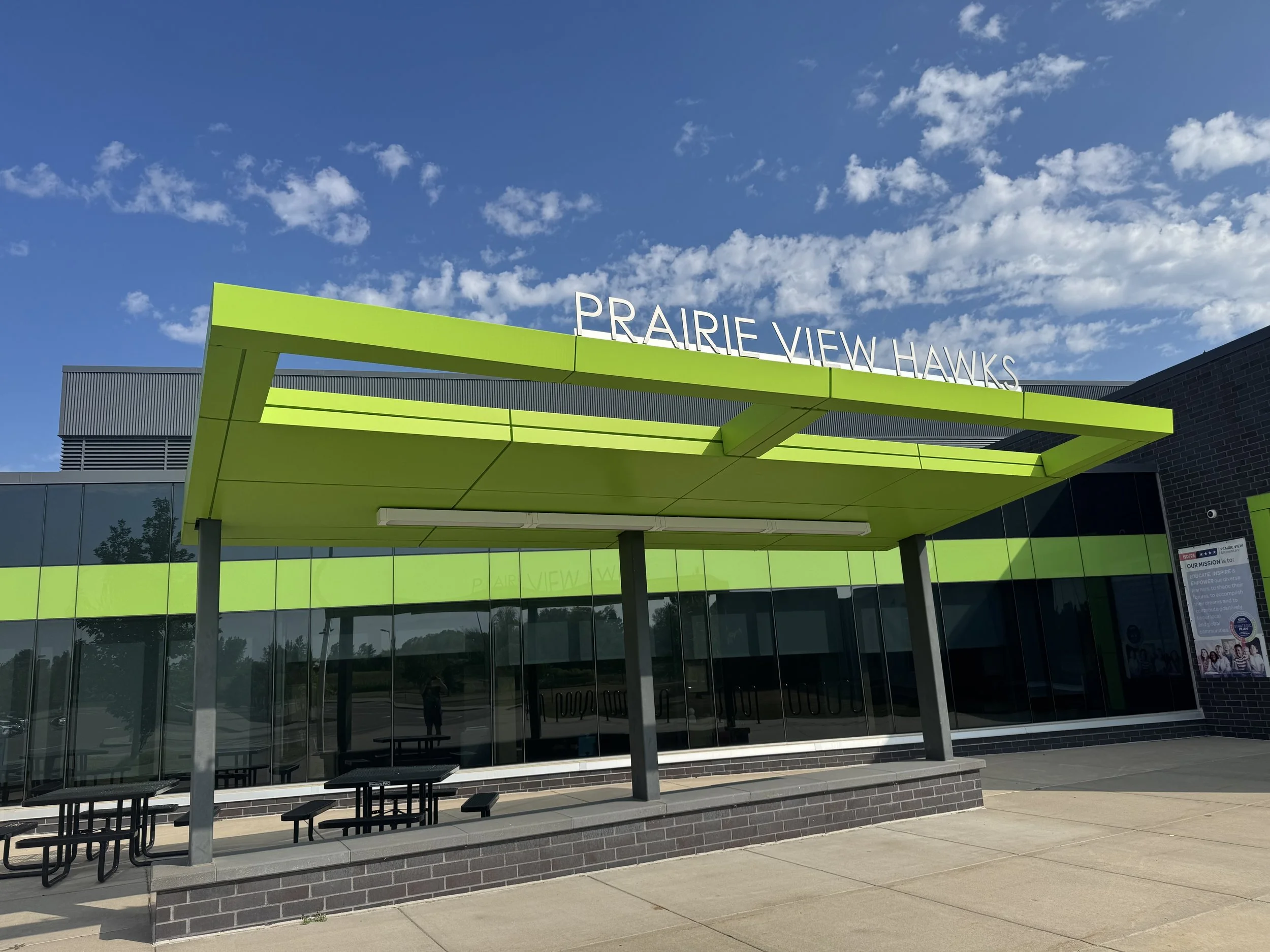 Aluminum composite and architectural single skin panels installed at Prairie View Elementary School in Otsego, MN.