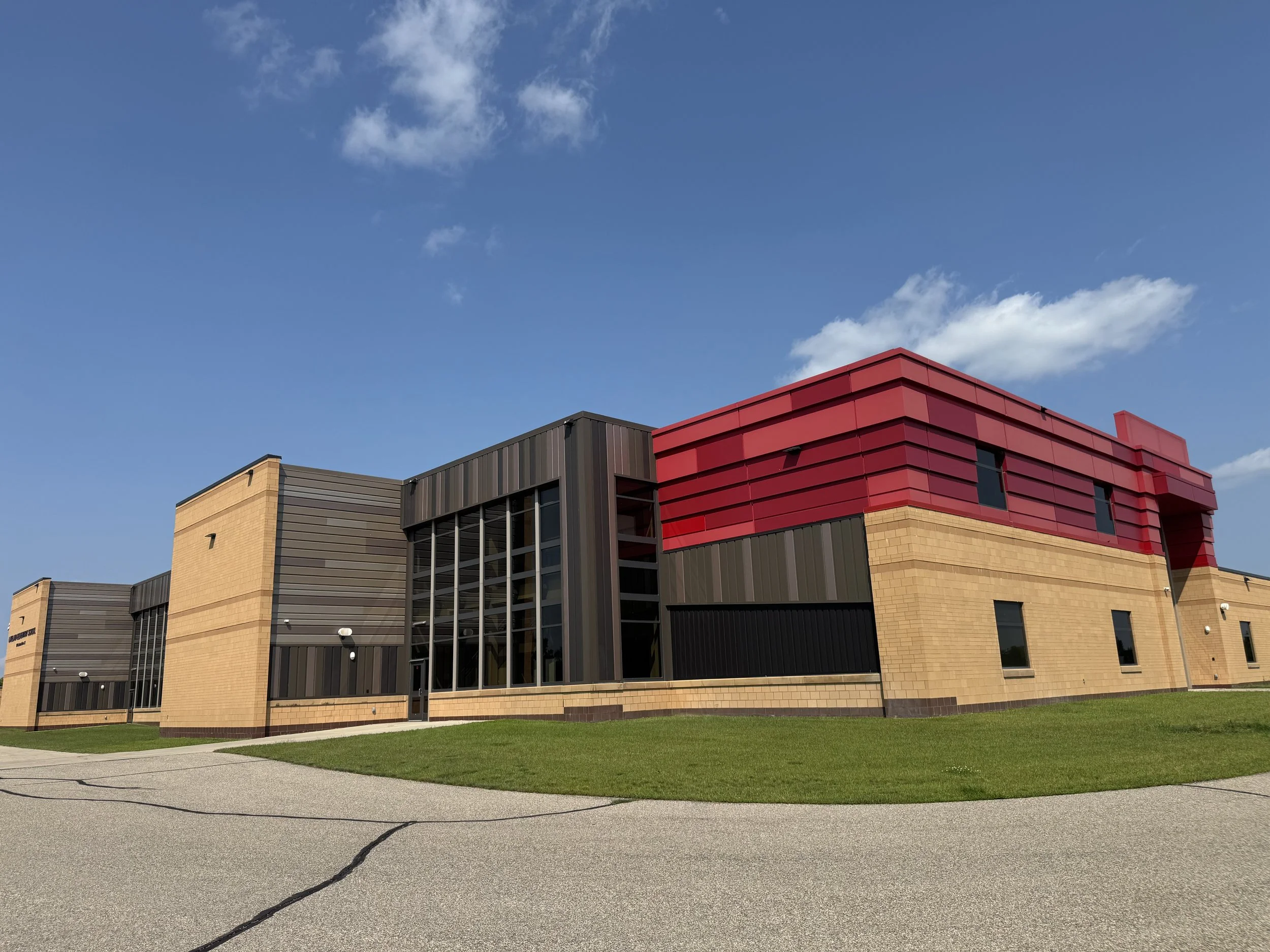 Architectural single skin and aluminum composite panels installed at Lakeland Elementary School in Willmar, MN. 