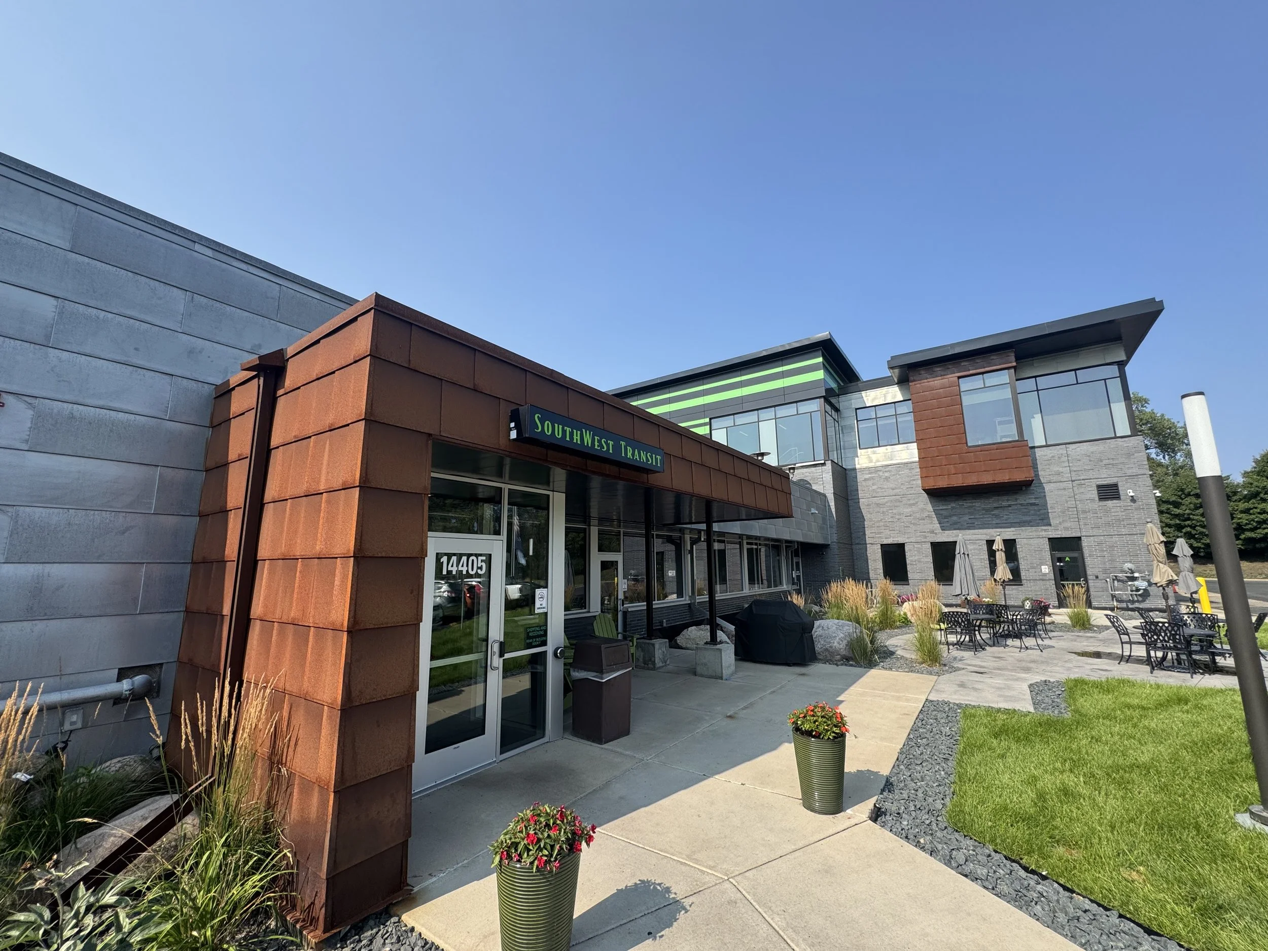Zinc & Weathered Steel Flat Lock and aluminum plate panels installed at the SW Transit Leonard L Simich Maintenance & Administrative Facility in Eden Prairie, MN.