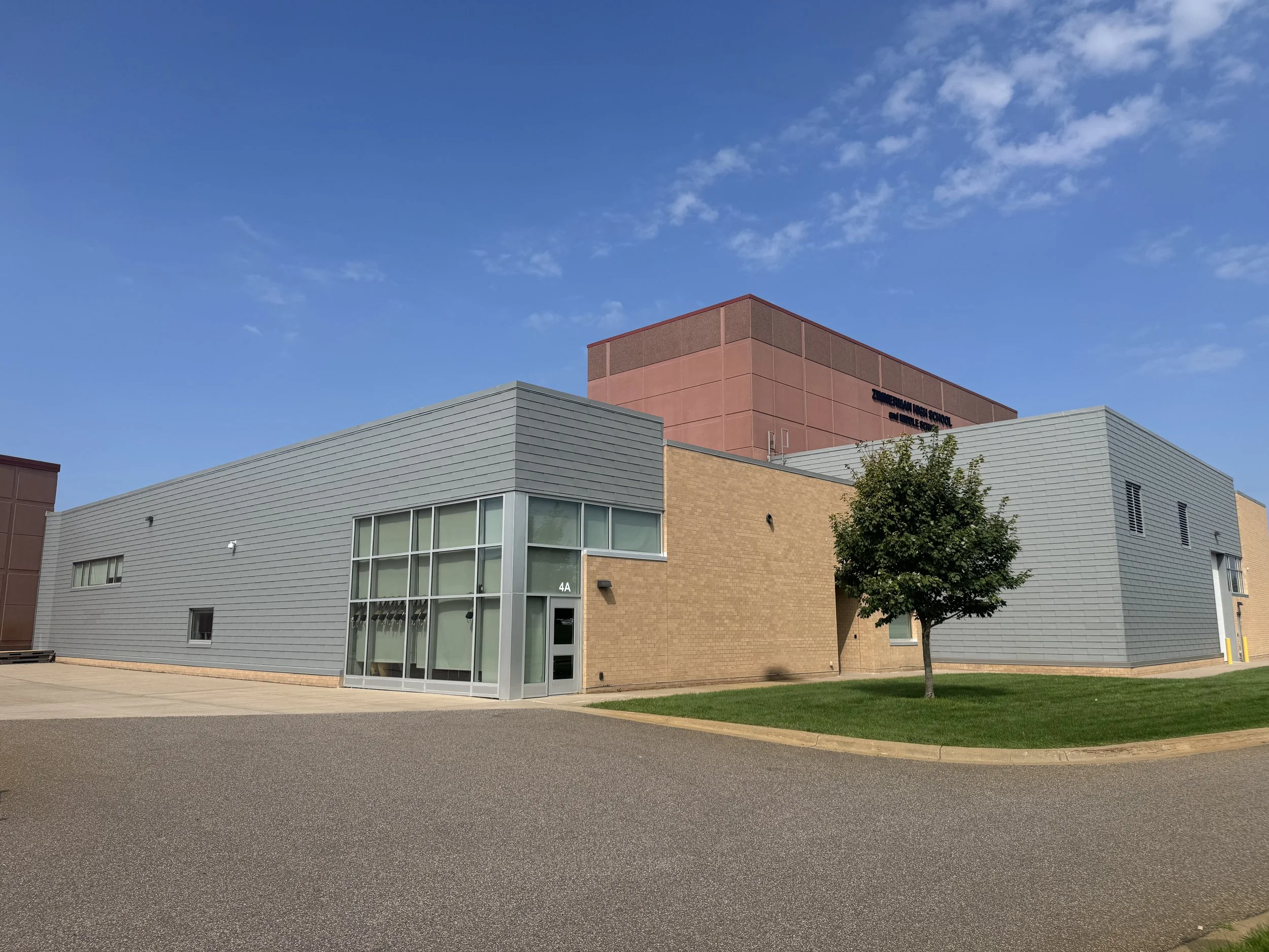 Flat lock panels installed at the auditorium addition at Zimmerman Middle & High School in Zimmerman, MN.