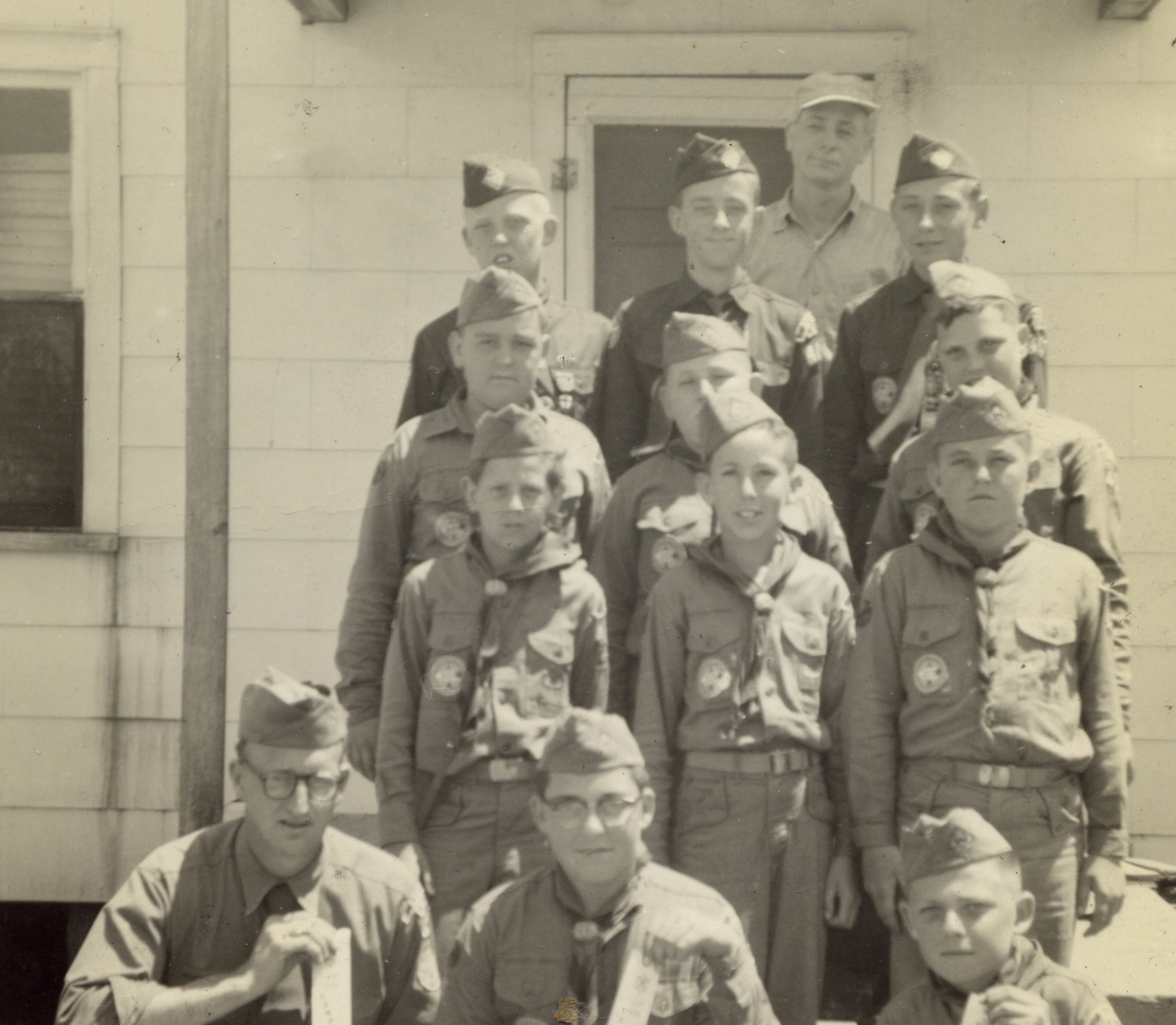 Stacy Boy Scout Troop in front of the Stacy Woodmen of the World Lodge