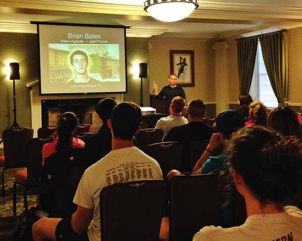 Brian Bates addressing students at Oklahoma State University in Stillwater.