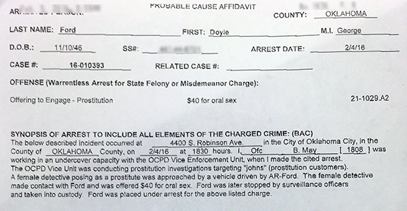 Doyle Ford's prostitution arrest probable cause affidavit.
