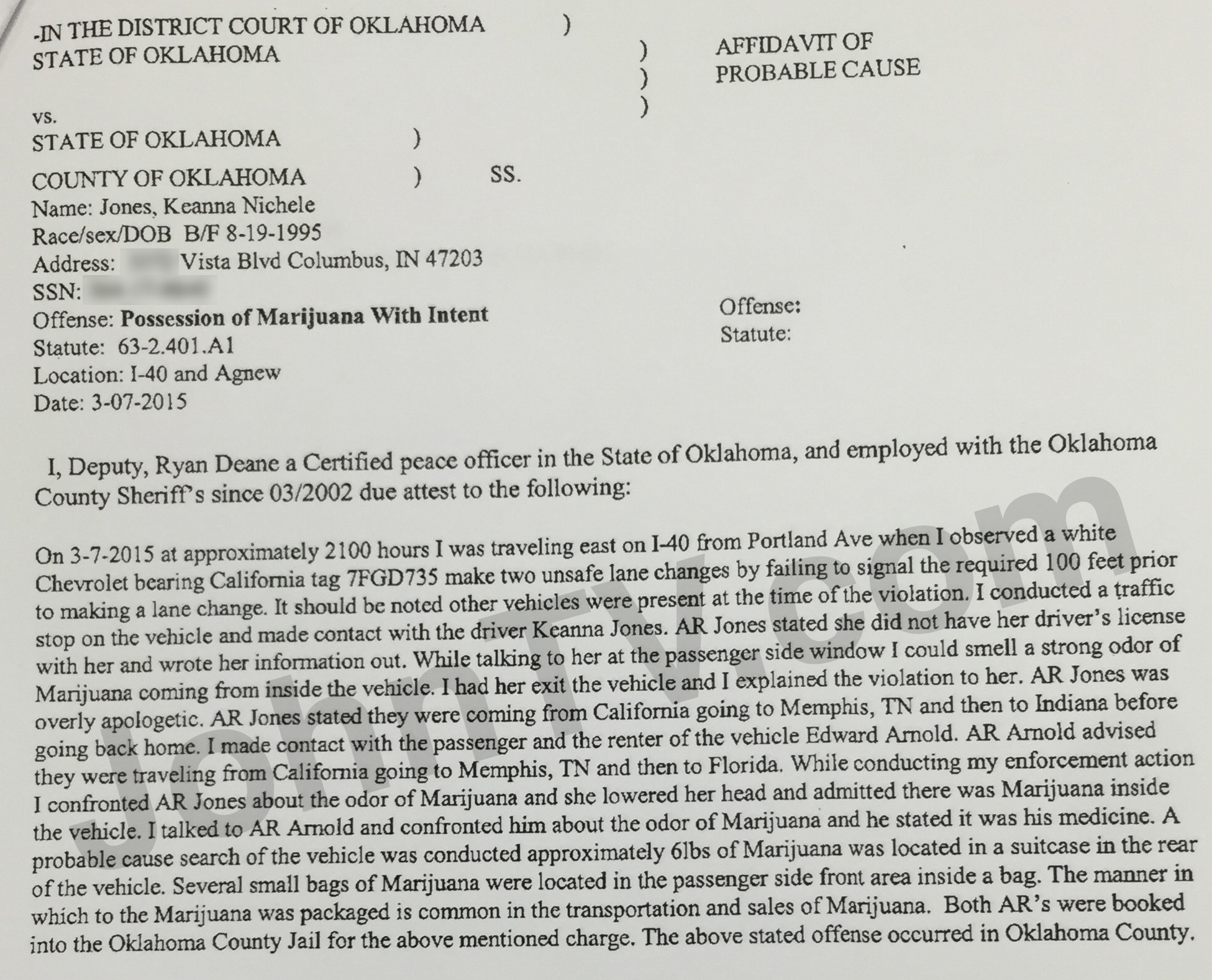 Keanna Jones and Edward Arnold's probable cause affidavit.