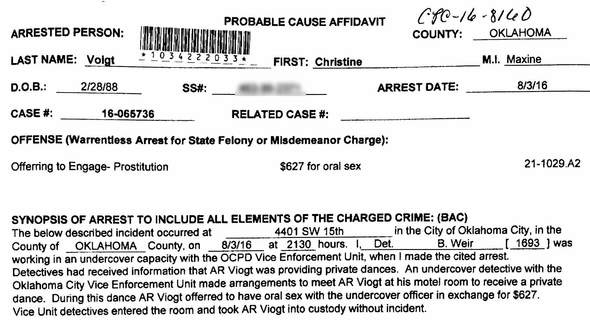 Christine Voigt's official probable cause affidavit.