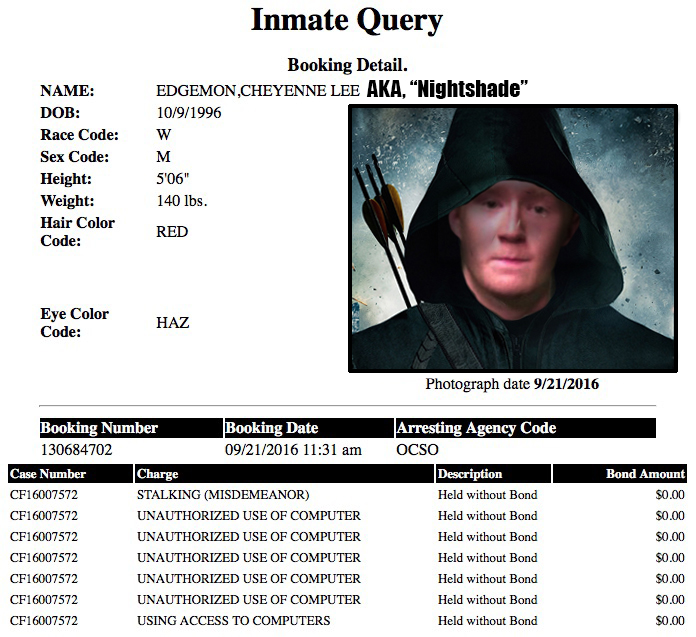 Slightly exaggerated Oklahoma County mugshot of Cheyenne Edgemon.