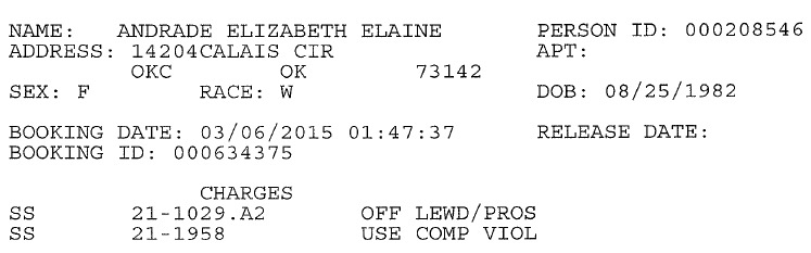 Elizabeth Andrade's OCPD Jail Booking Record.