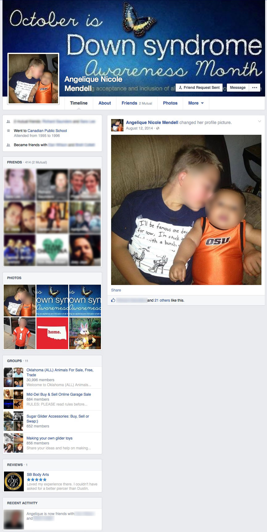 Angelique Mendell's now deleted Facebook profile.