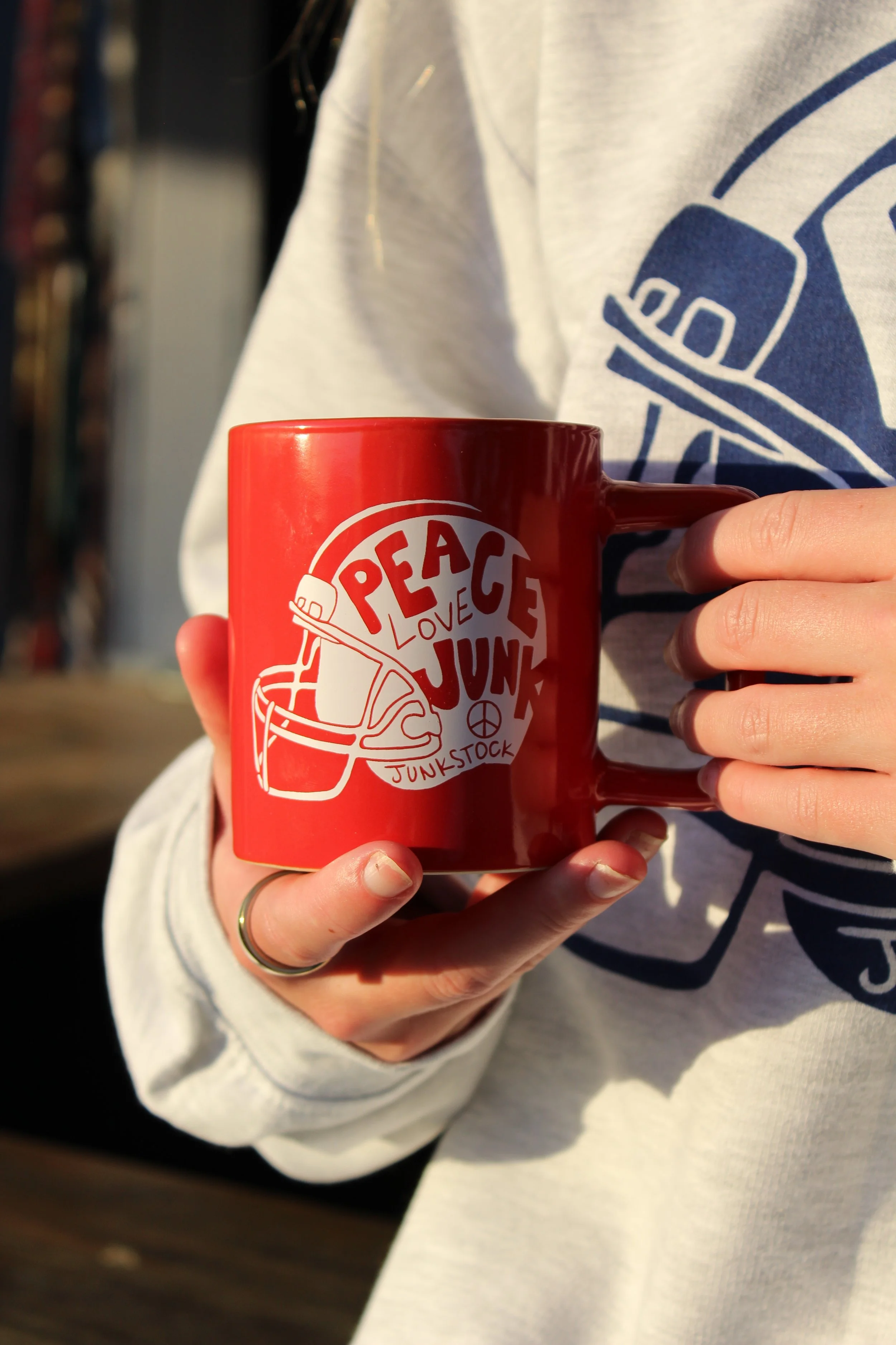 Peace Love & Junk Football Helmet Mug