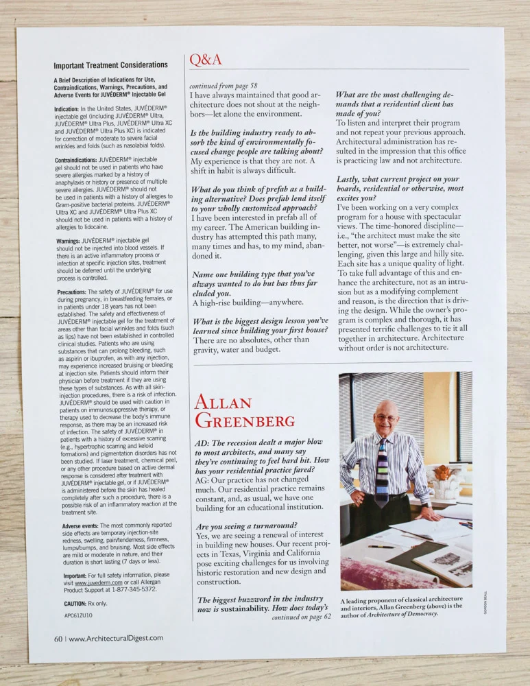 "Talking Points" by Richard Olsen. A rchitectural Digest , November 2010. Editor-in-Chief, Paige Rense-Noland. Art Director, Georg Moscahlades. Senior Editor (Architecture) and Book-Reviews Editor, Richard Olsen. Conde Nast Publications, Inc.