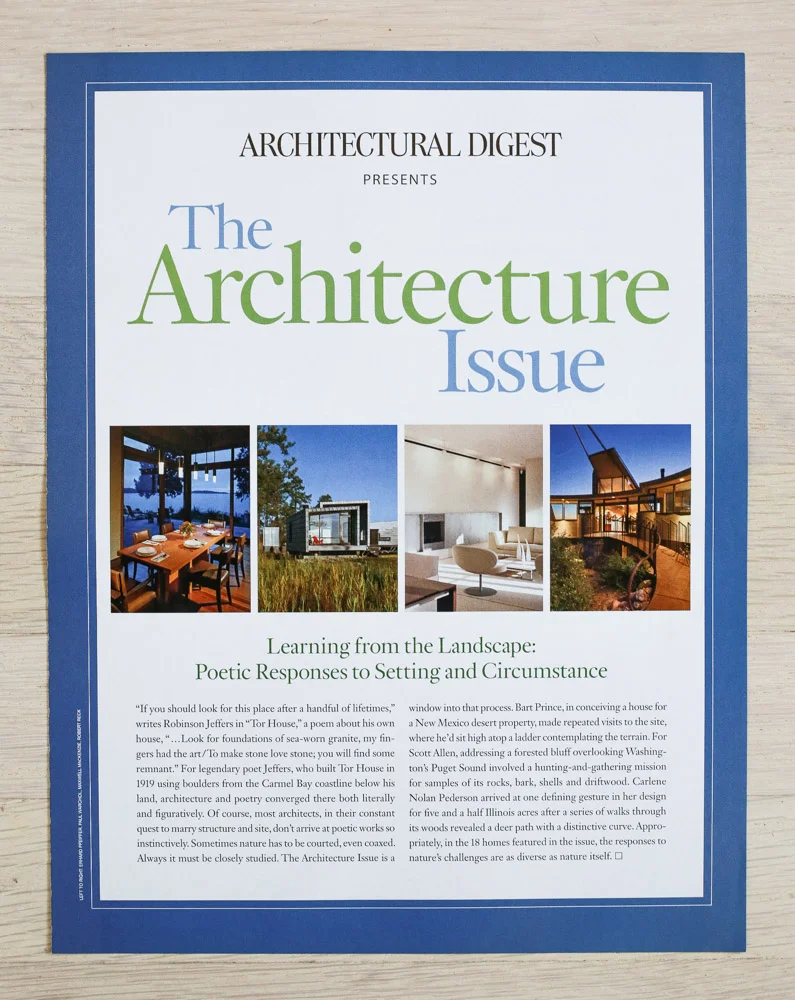 Issue Intro by Richard Olsen. A rchitectural Digest , October 2009, "The Architecture Issue." Editor-in-Chief, Paige Rense-Noland. Art Director, Jeffrey Nemeroff. Senior Editor (Architecture) and Book-Reviews Editor, Richard Olsen. Conde Nast Publications, Inc.