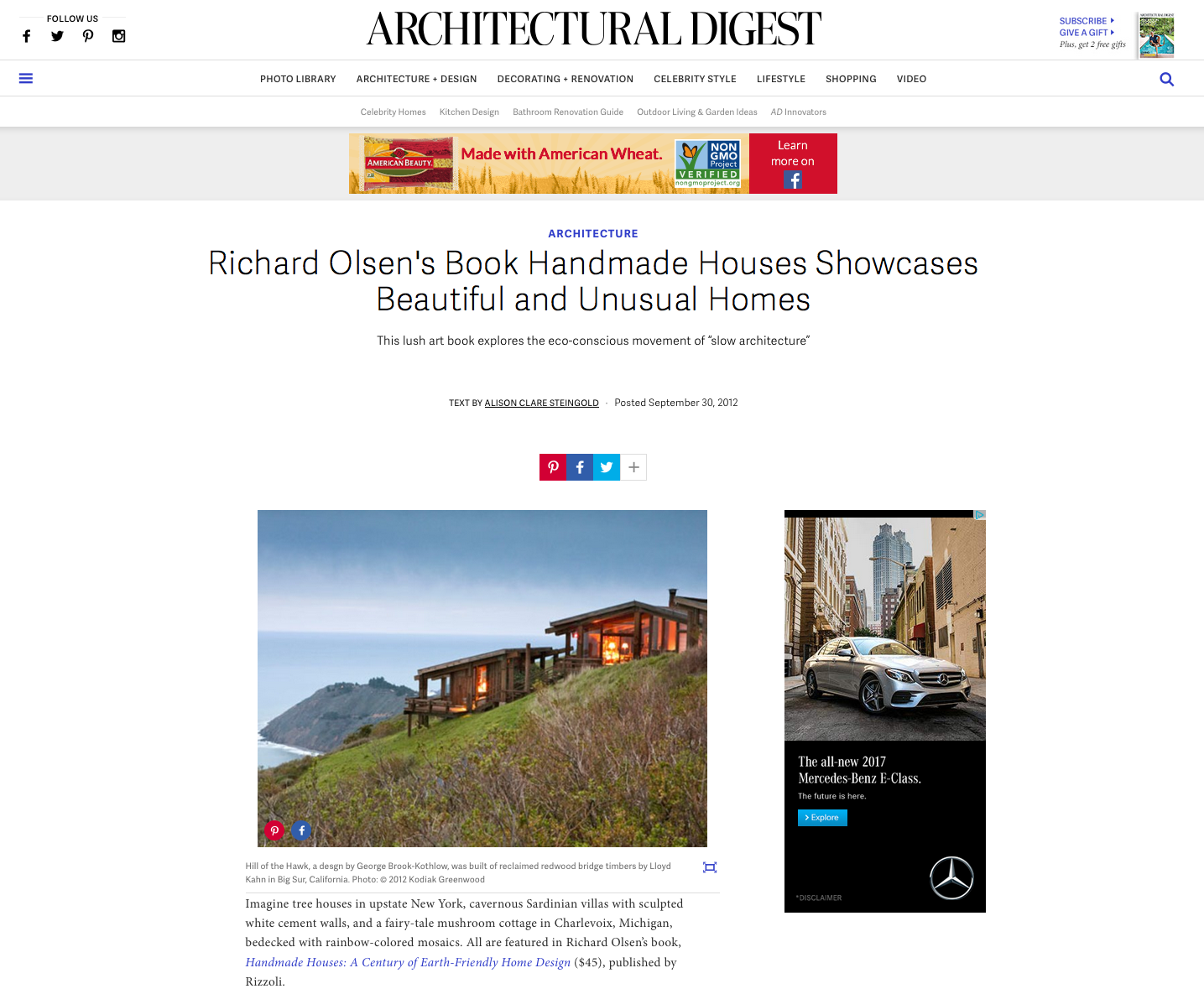 Handmade Houses reviewed by Alison Clare Steingold in Architectural Digest , September 30, 2012.