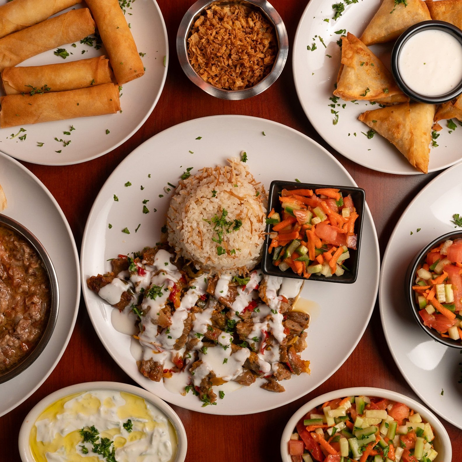An array of food arranged in a circle