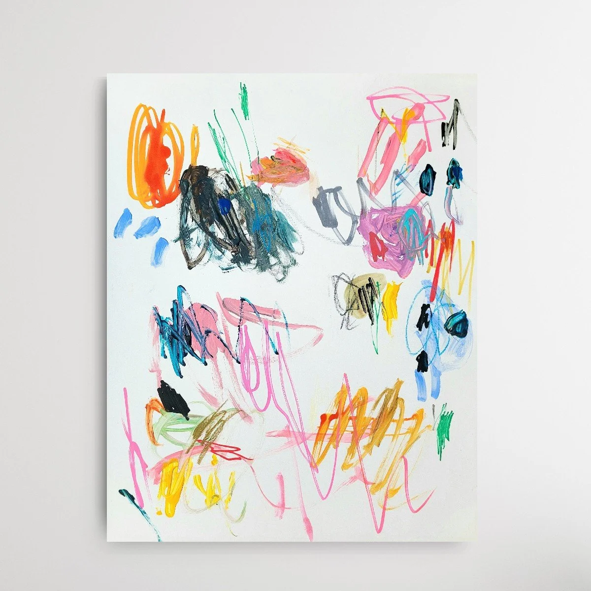'In The Moment' Colorful Orange, Pink, Yellow, Blue Expressive Mark Making Abstract painting on paper by Pamela Bates