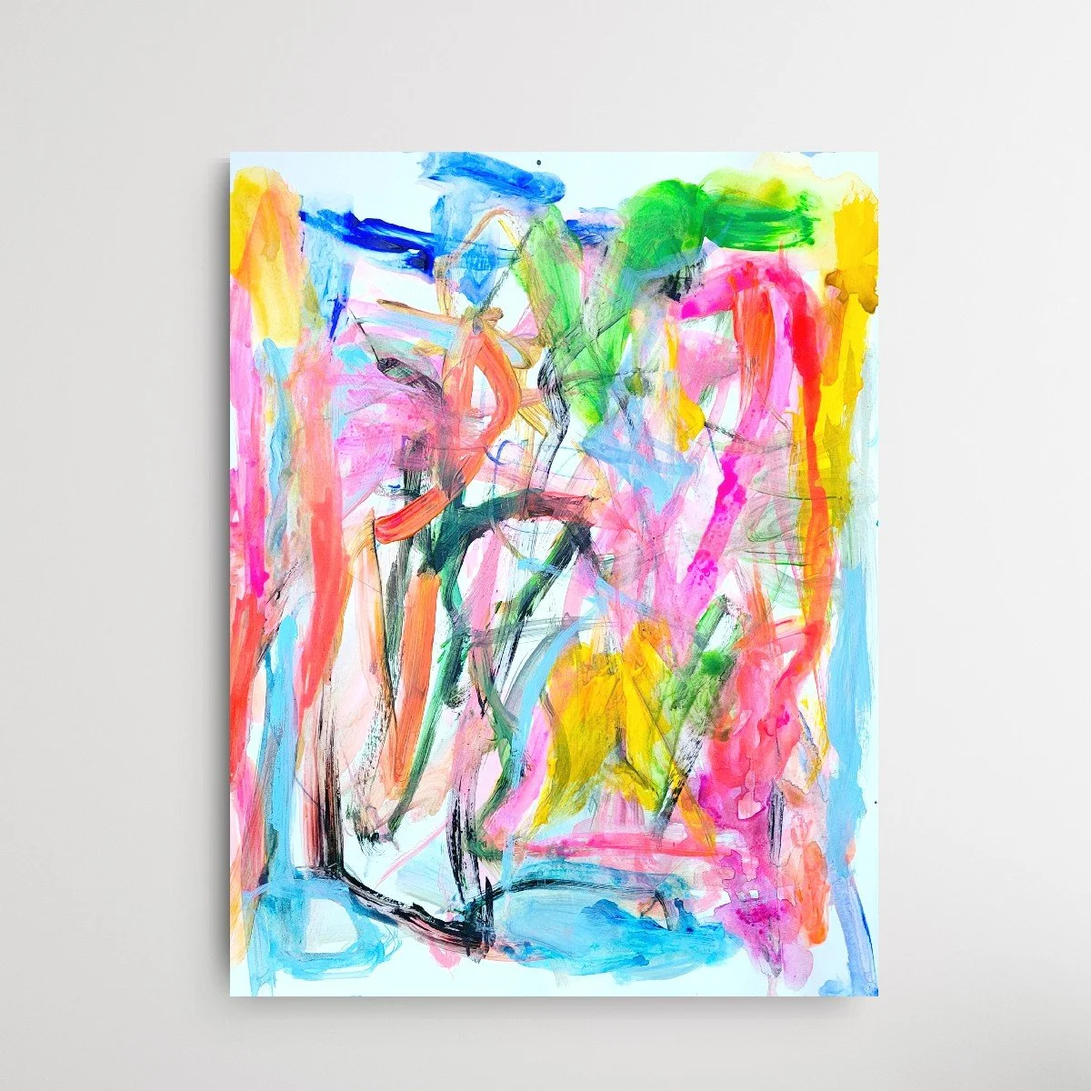 Colorful Pink, Blue, Orange, Yellow Vibrant Gestural Abstract painting on paper by Pamela Bates